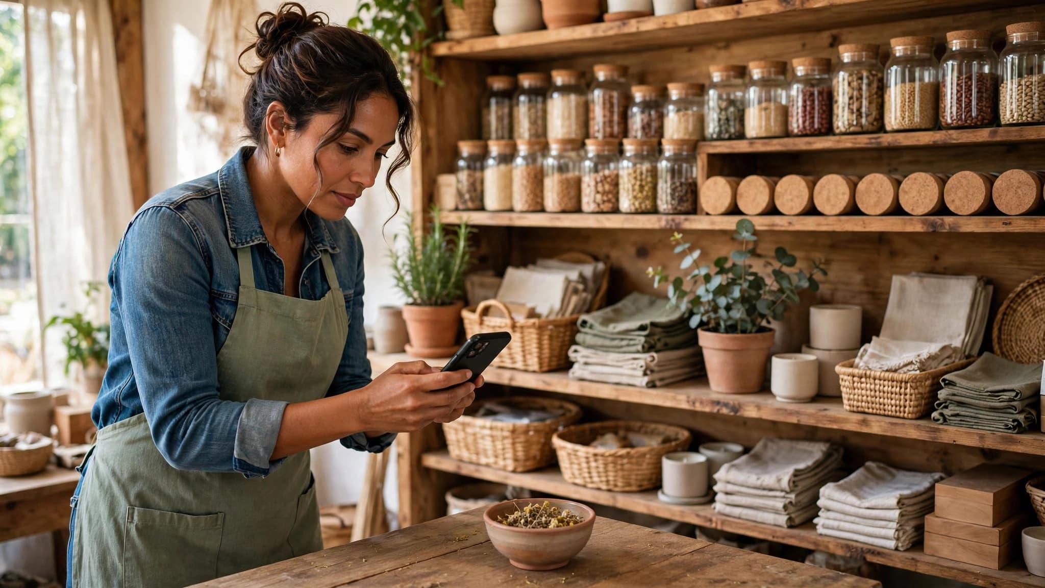 Dueña de una tienda latina fotografiando un producto con su celular frente a un estante ordenado para subirlo al catálogo de WhatsApp Business