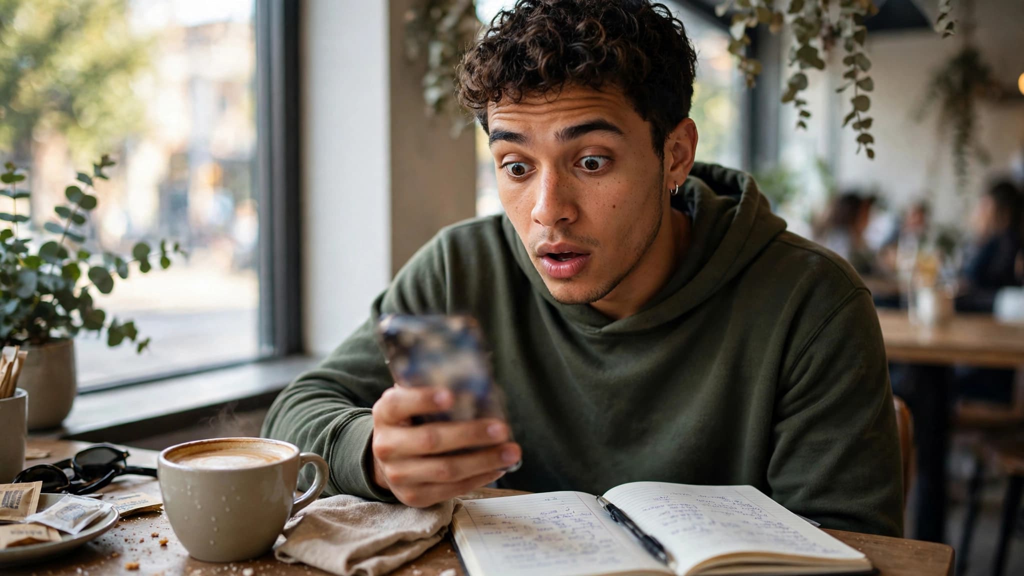 Joven latino sorprendido mirando su celular en una cafetería mientras usa un asistente de IA