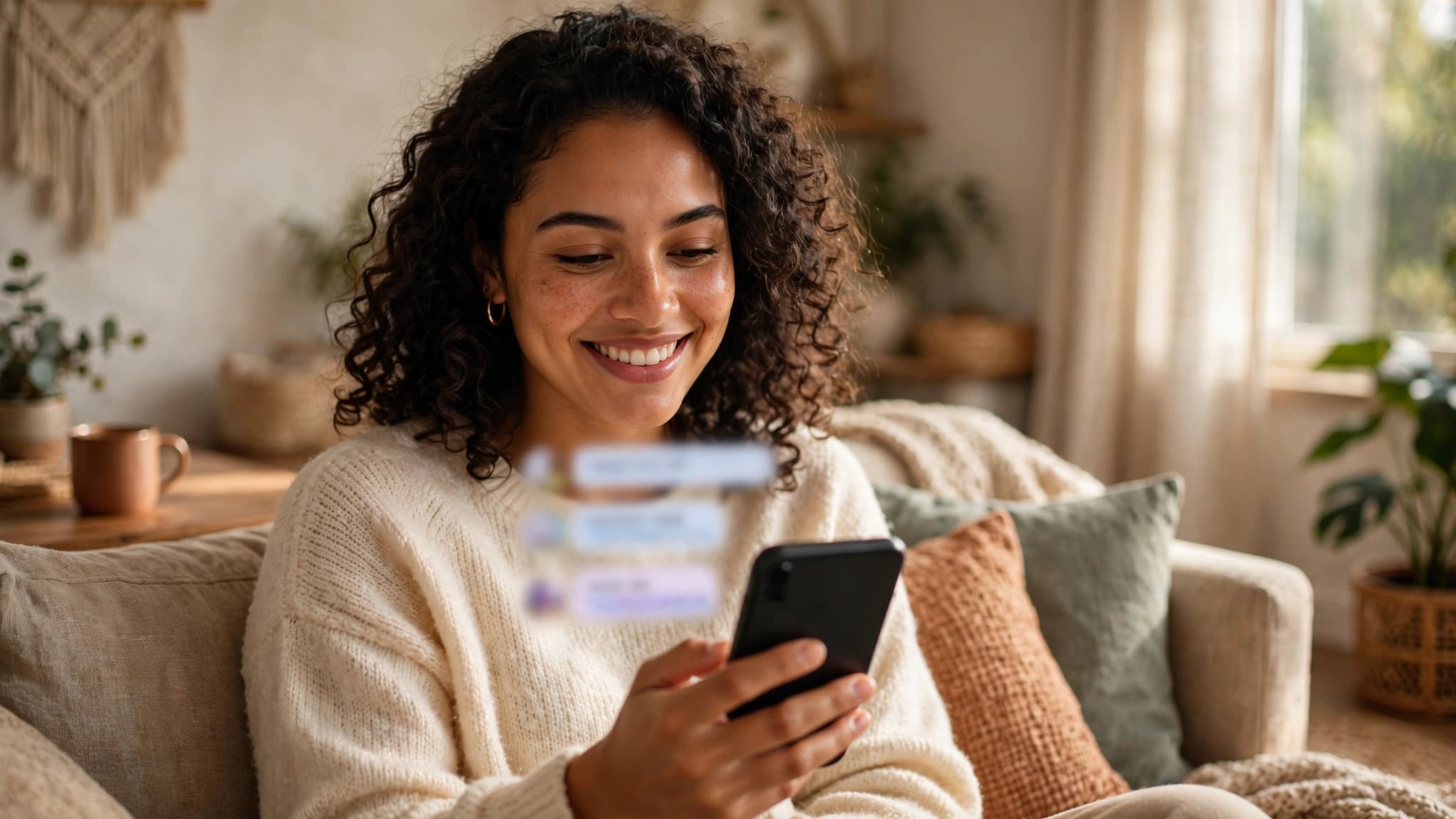 Mujer usando ChatGPT gratis en su celular desde el sofá de su casa
