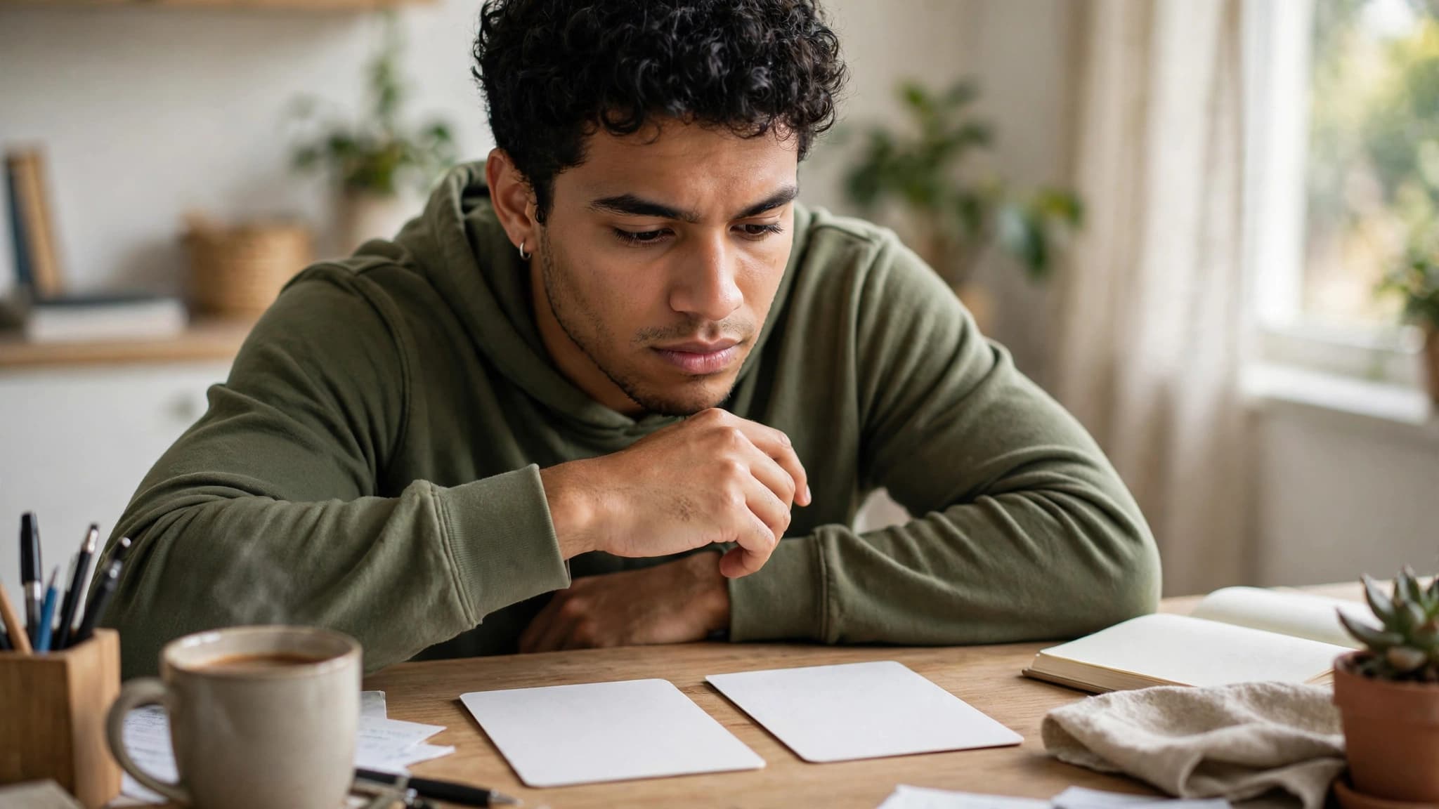 Joven latino mirando con gesto pensativo dos tarjetas genéricas sin marca colocadas sobre su escritorio
