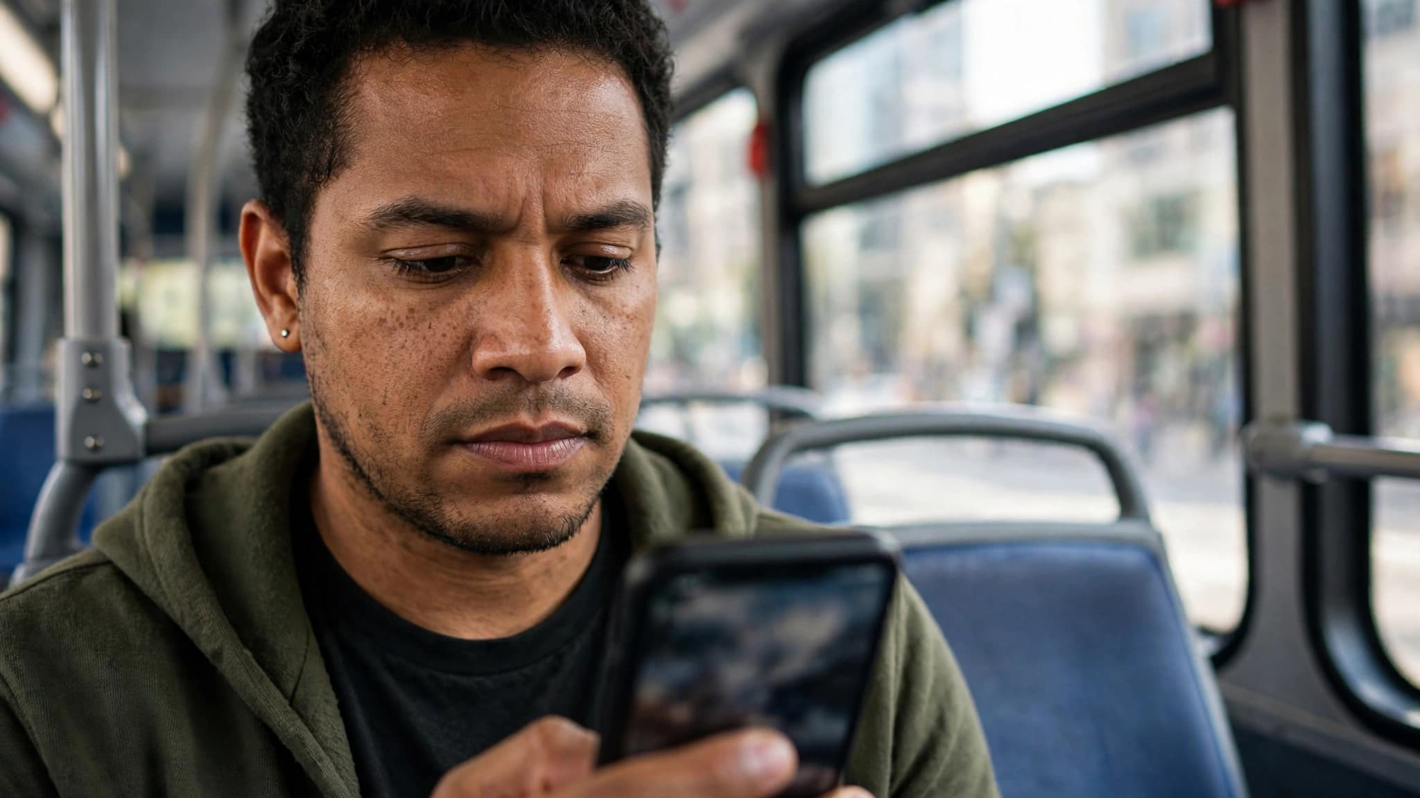 Hombre latino leyendo noticias de tecnología en su celular en transporte público, con gesto pensativo