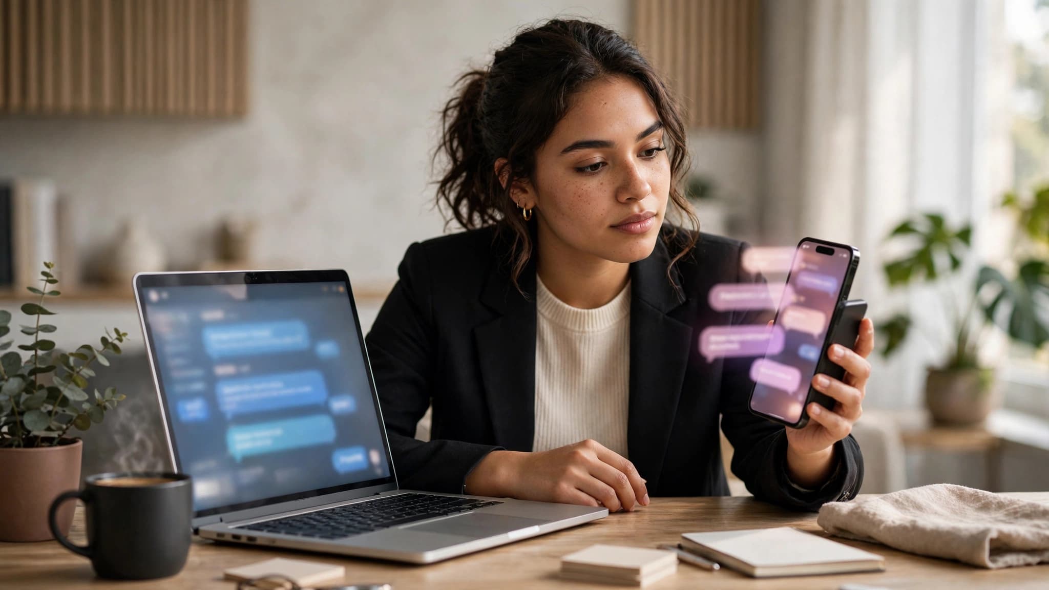 Mujer comparando Gemini y ChatGPT entre su laptop y su celular