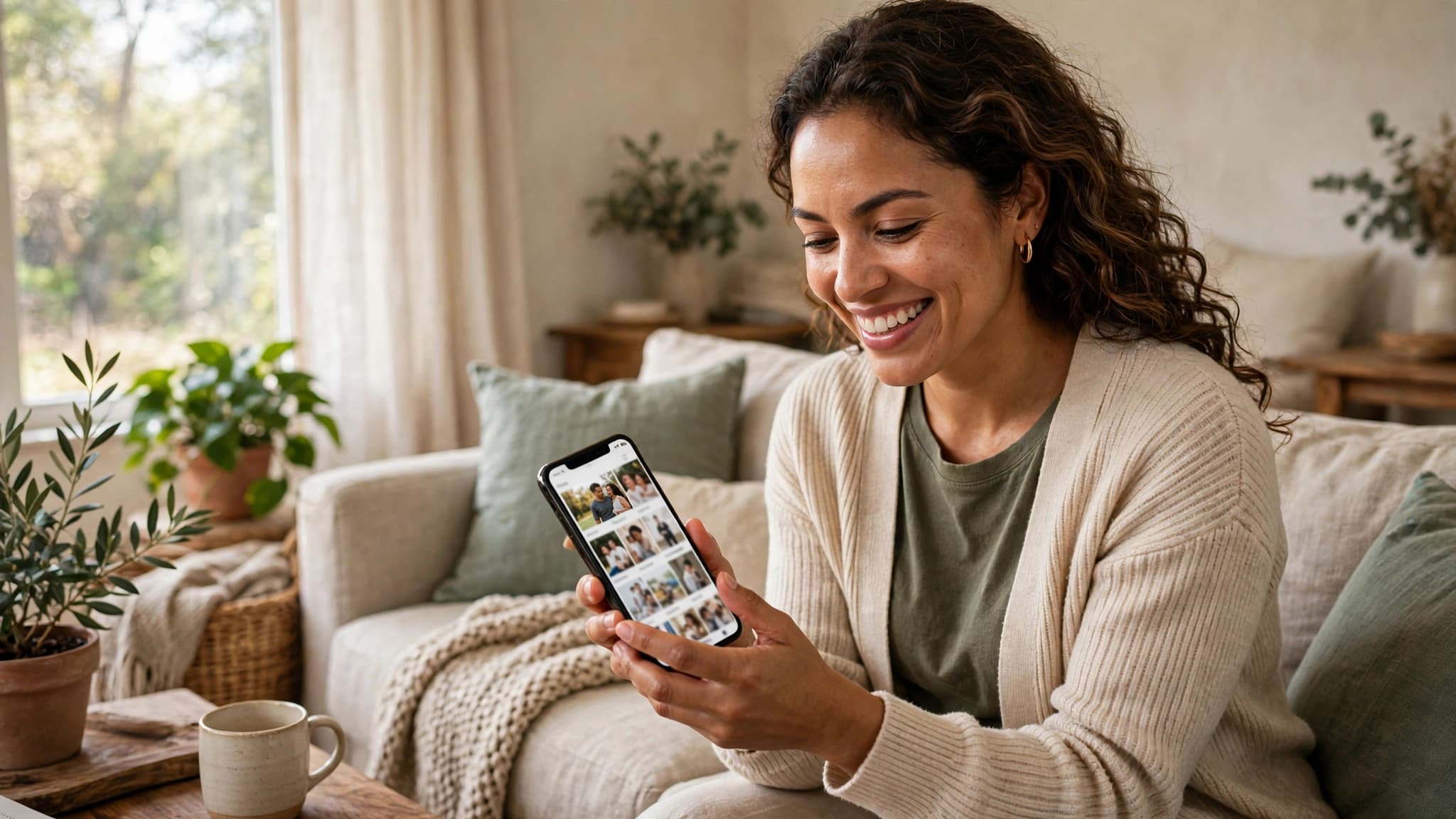 Mujer latina sonriendo en el sofá mientras busca fotos familiares en su celular