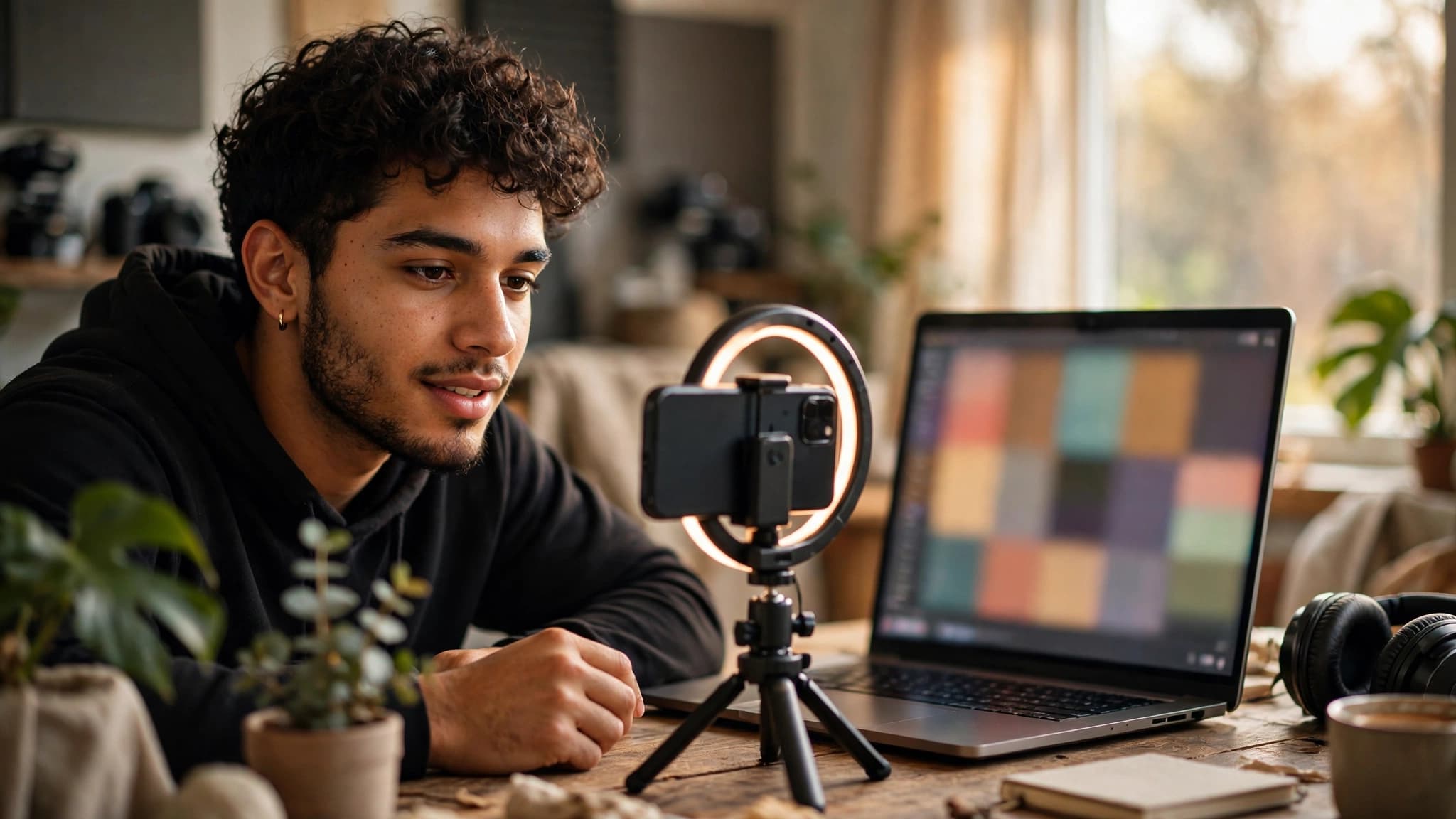 Creador grabando un video con su celular y un aro de luz junto a su laptop de edición