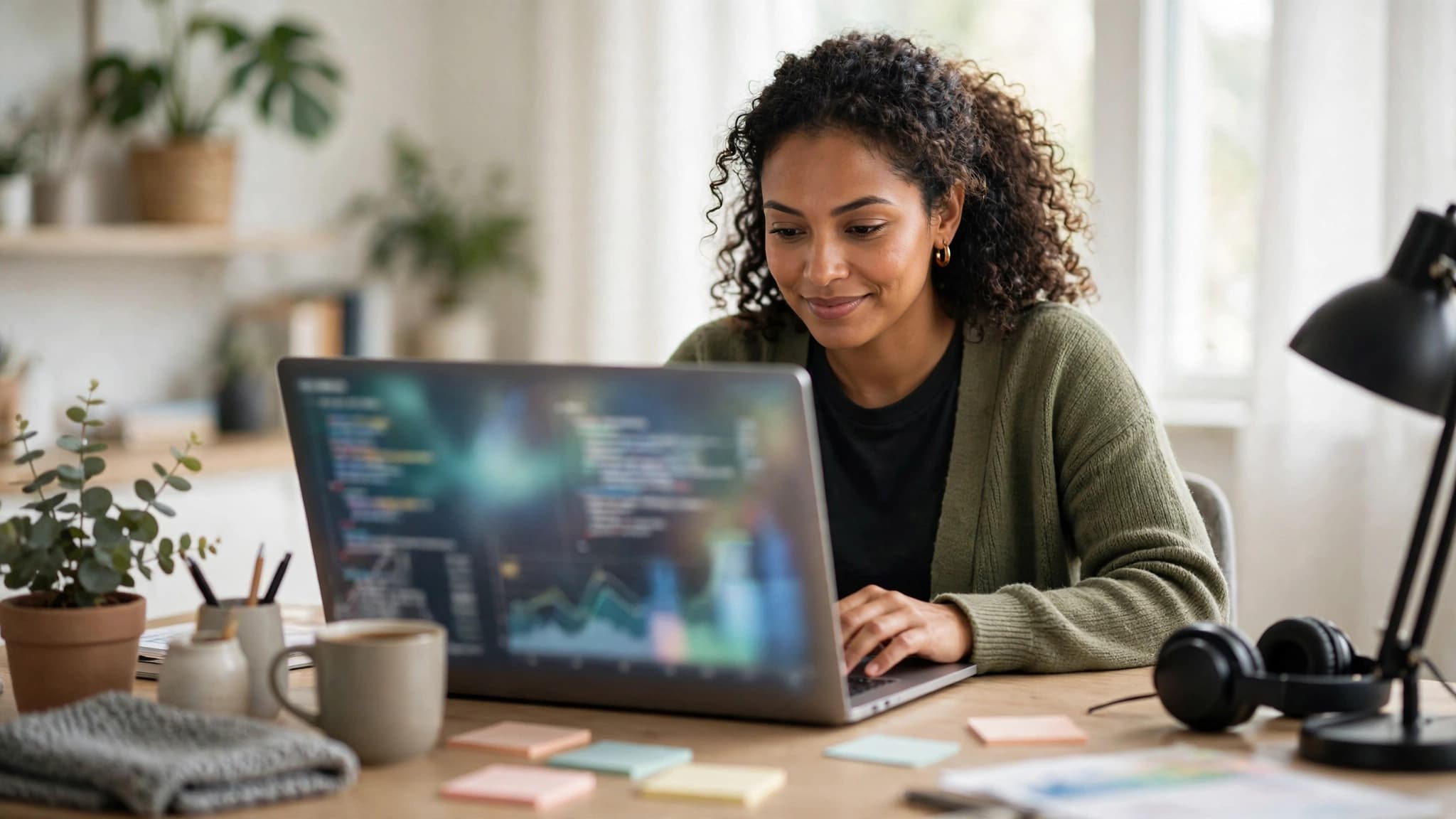 Desarrolladora latina revisando en su laptop un proyecto de código con gráficos difuminados en pantalla, en una oficina casera luminosa