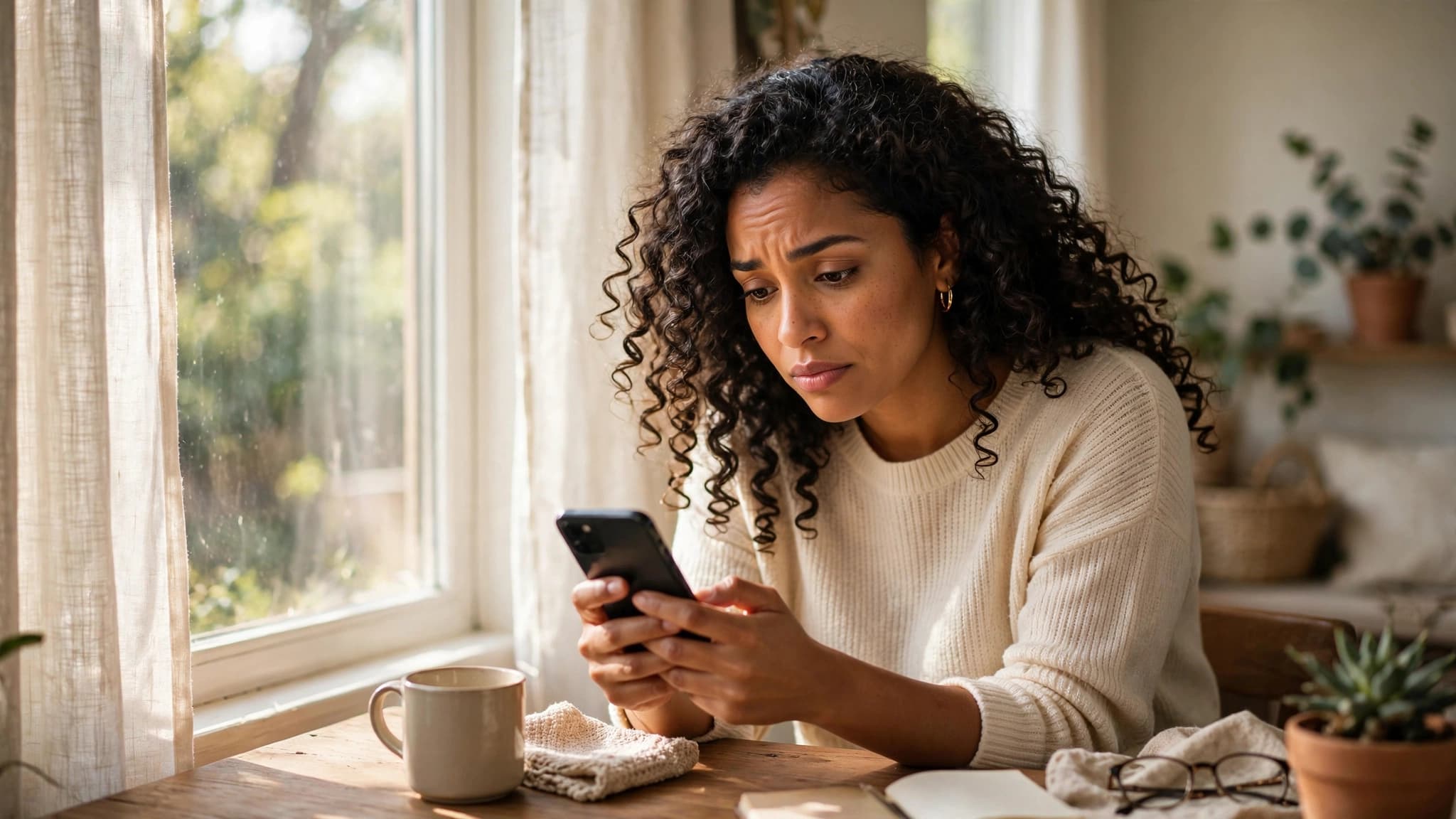 Mujer latina mirando con curiosidad y duda un chat de su celular junto a una ventana con luz natural mientras piensa en un mensaje borrado