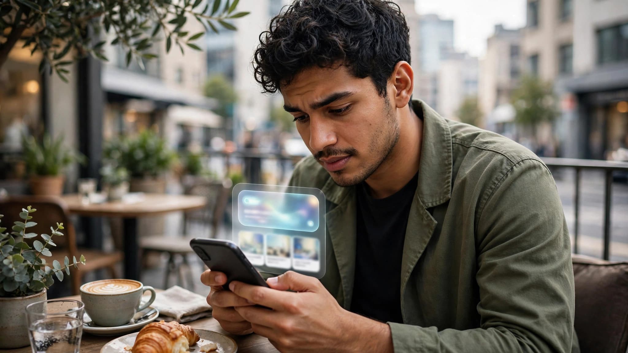 Joven usando el modo IA de Google para buscar desde su celular en un café