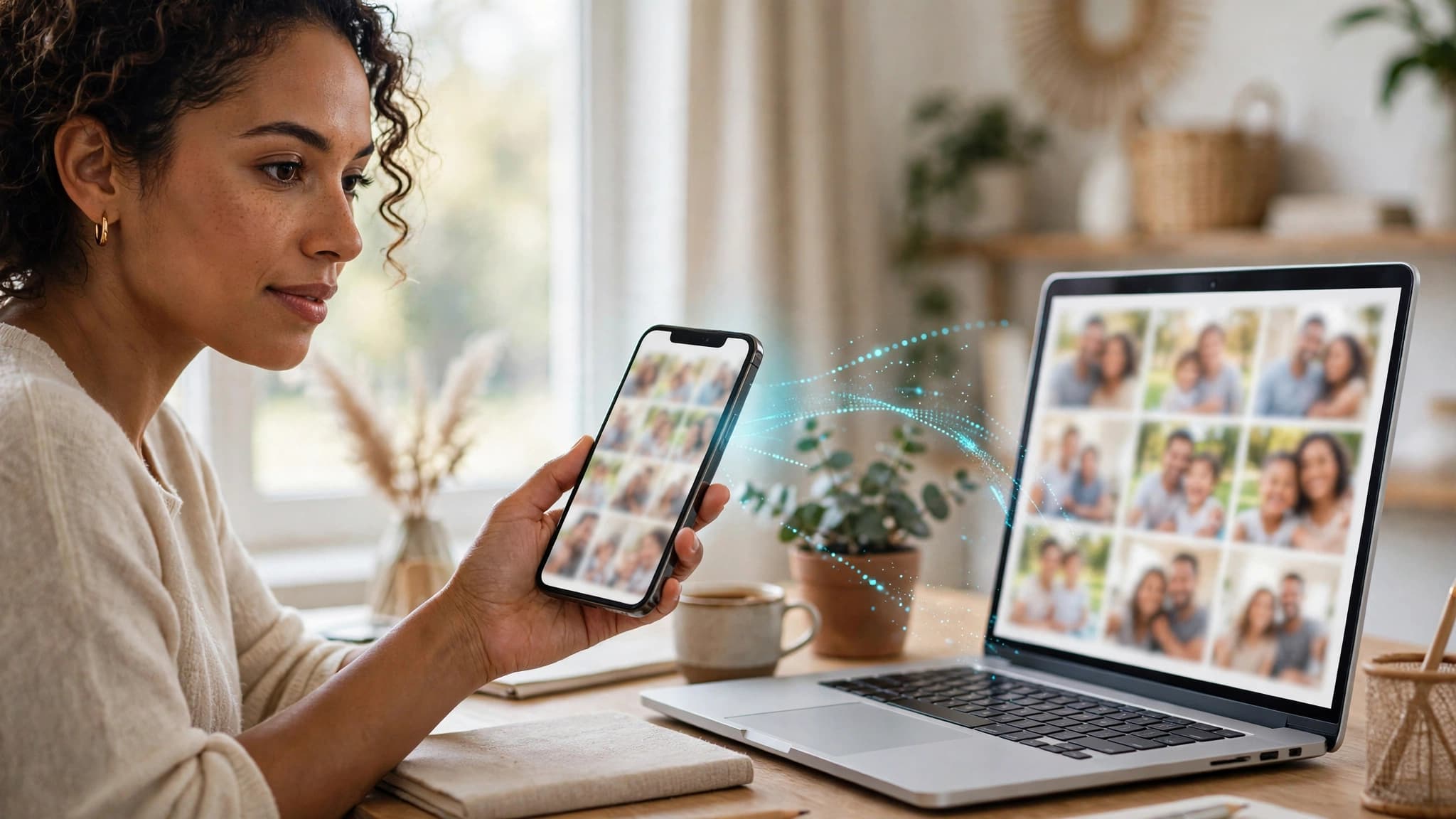 Mujer pasando fotos de su celular a la computadora sin cable