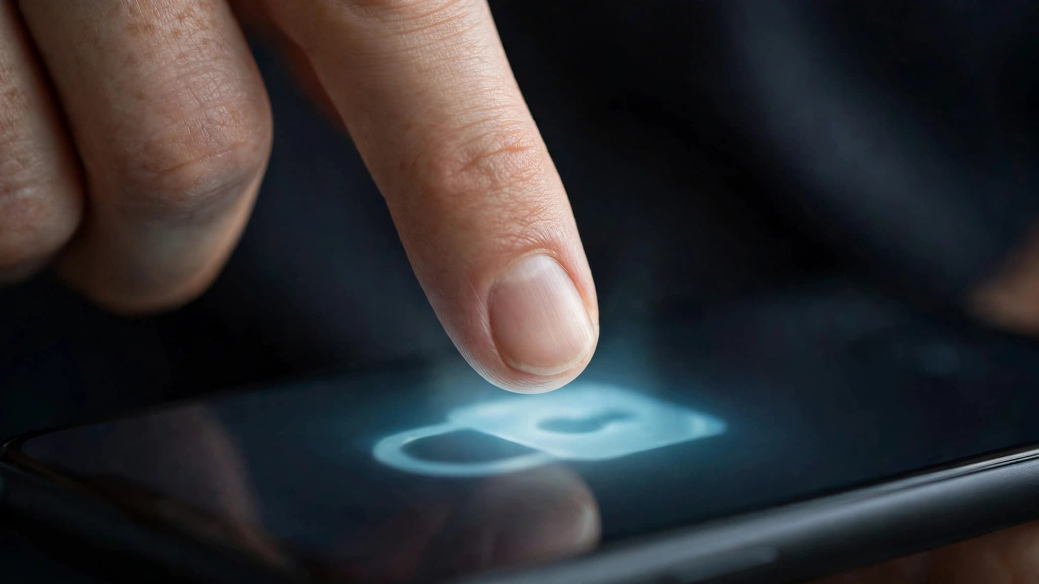 Dedo tocando el sensor de huella de un celular con un candado luminoso para proteger las aplicaciones con contraseña