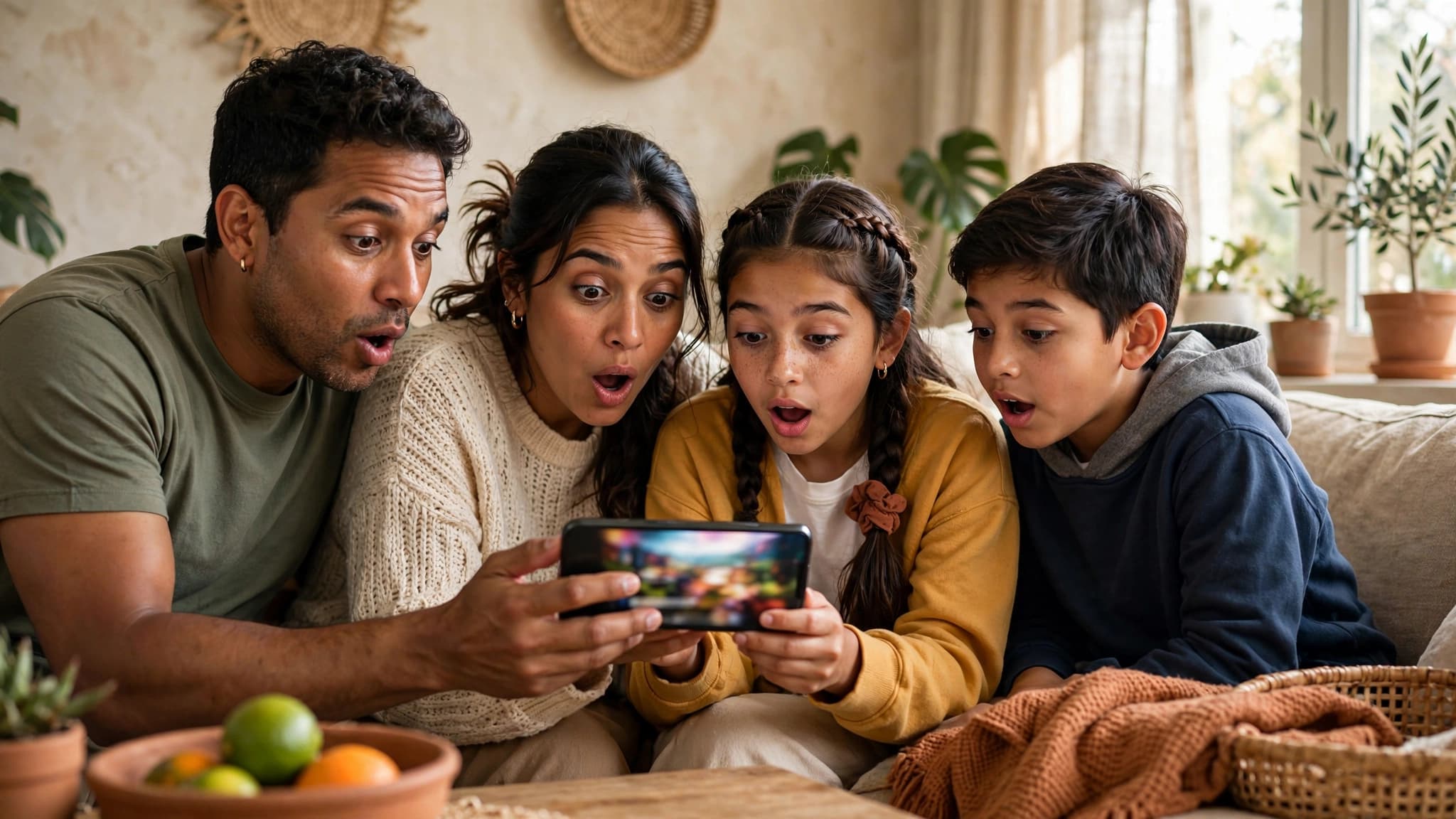 Familia latina mirando con asombro un video en un celular en la sala de su casa