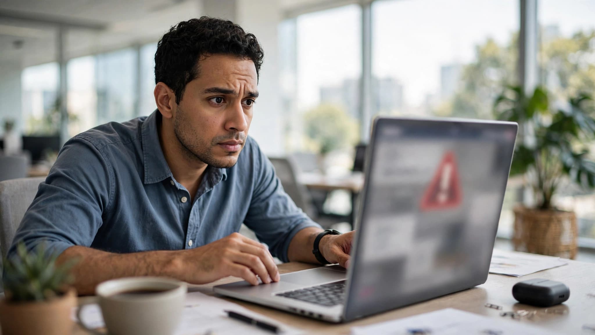 Empleado latino mirando con cautela su laptop, donde un chat laboral difuminado muestra una señal de advertencia roja