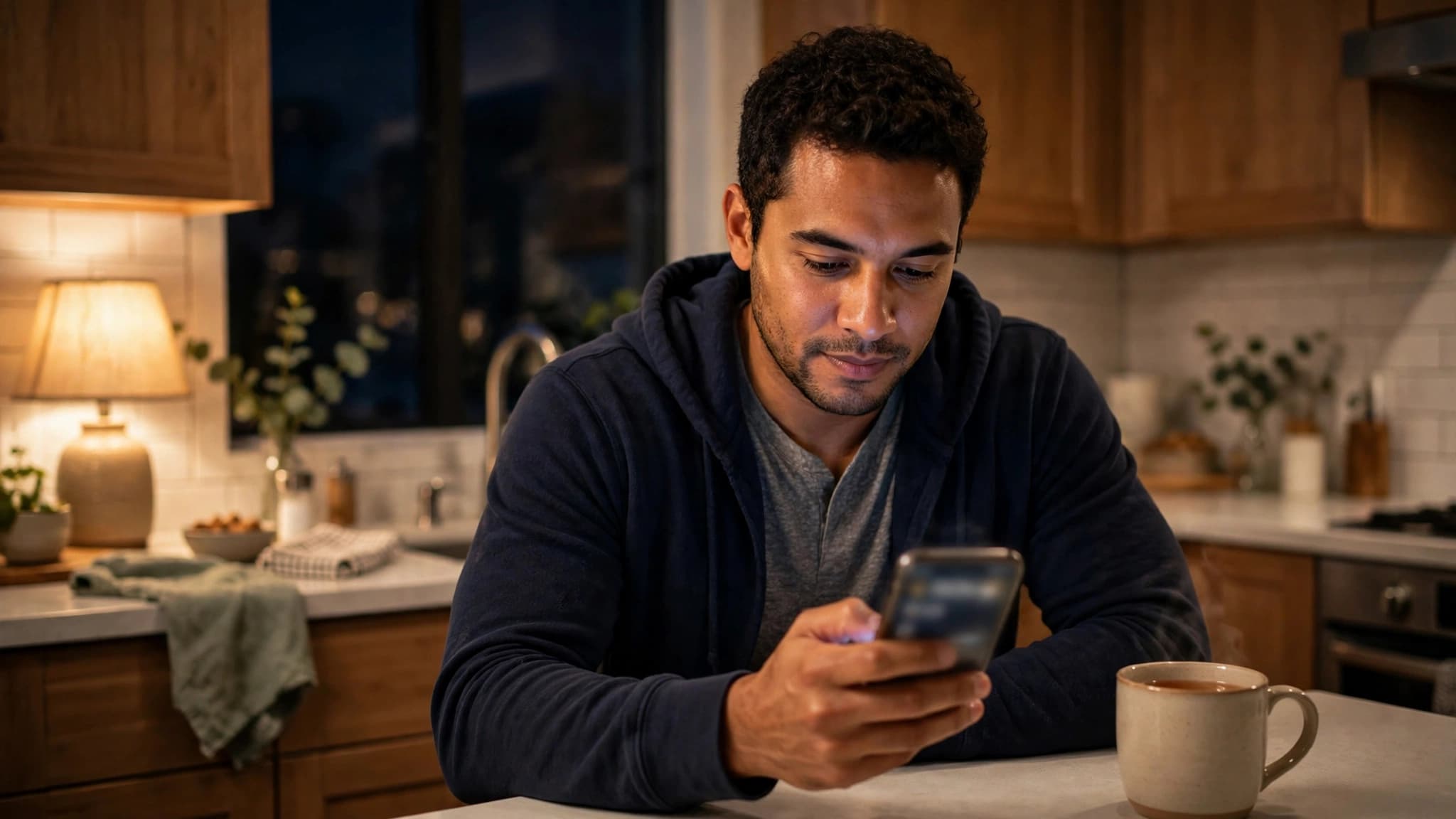 Hombre latino escribiendo un mensaje en su celular por la noche en la cocina de su casa