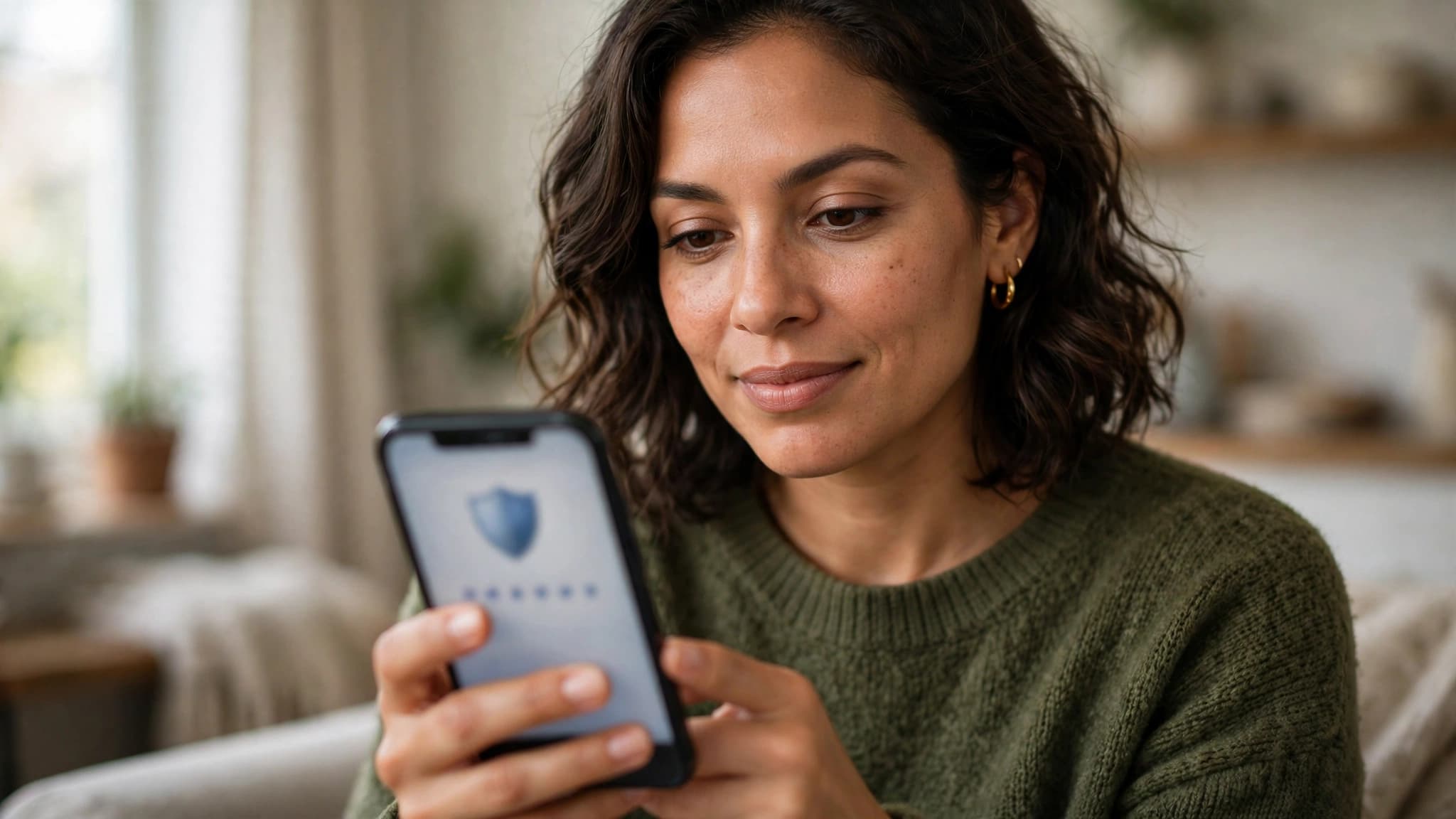 Mujer latina activando la verificación en dos pasos de WhatsApp en su celular, con un escudo y un PIN de puntos en la pantalla