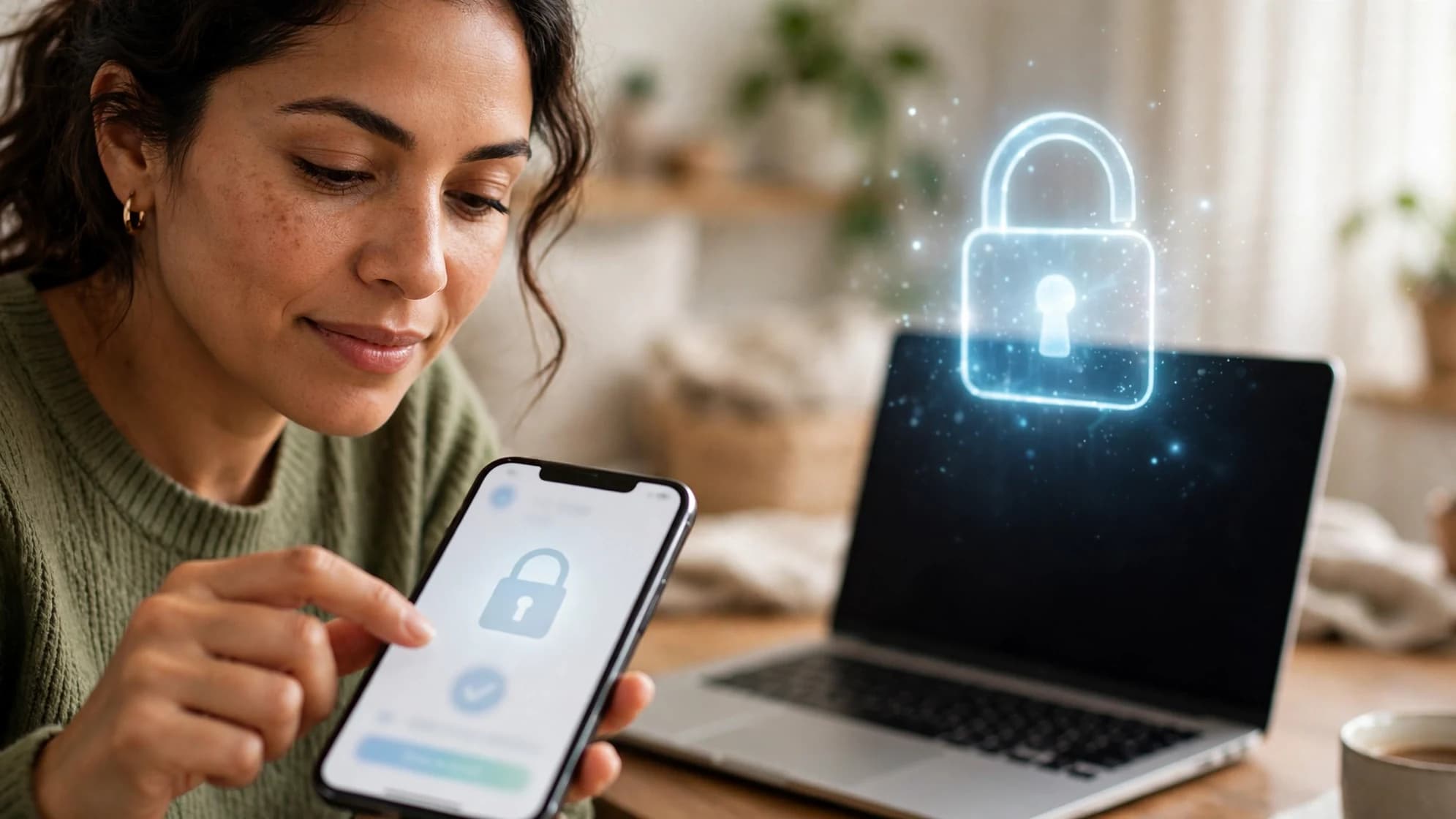 Mujer latina aprobando en su celular una solicitud de acceso junto a una laptop, con un candado luminoso flotando sobre la pantalla