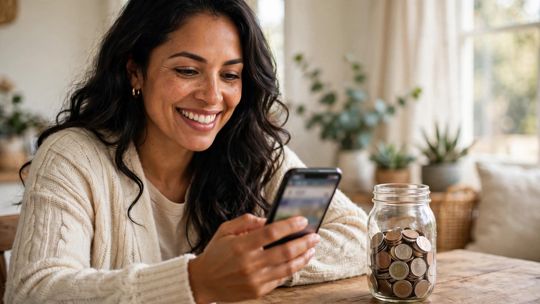 Mujer latina sonriendo mientras revisa su ahorro en el celular, con un frasco con monedas colocado junto a ella