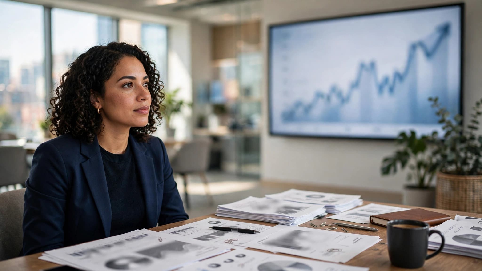 Analista latina mirando una pantalla grande con una gráfica de crecimiento difuminada en una oficina financiera moderna, con documentos impresos sobre la mesa