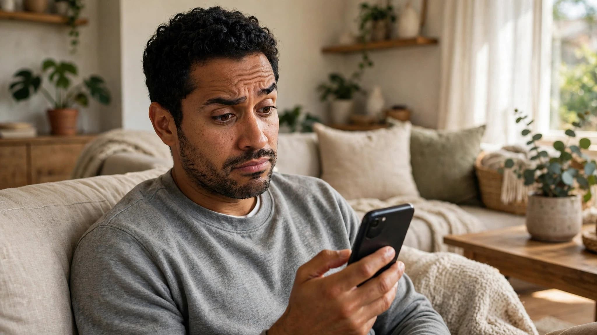 Hombre latino en su sofá respondiendo una encuesta en su celular con expresión escéptica, luz natural en casa