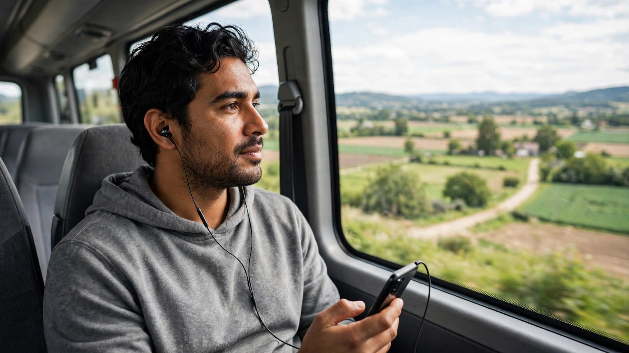 Pasajero latino en un autobús usando su celular con auriculares mirando por la ventana hacia paisaje rural