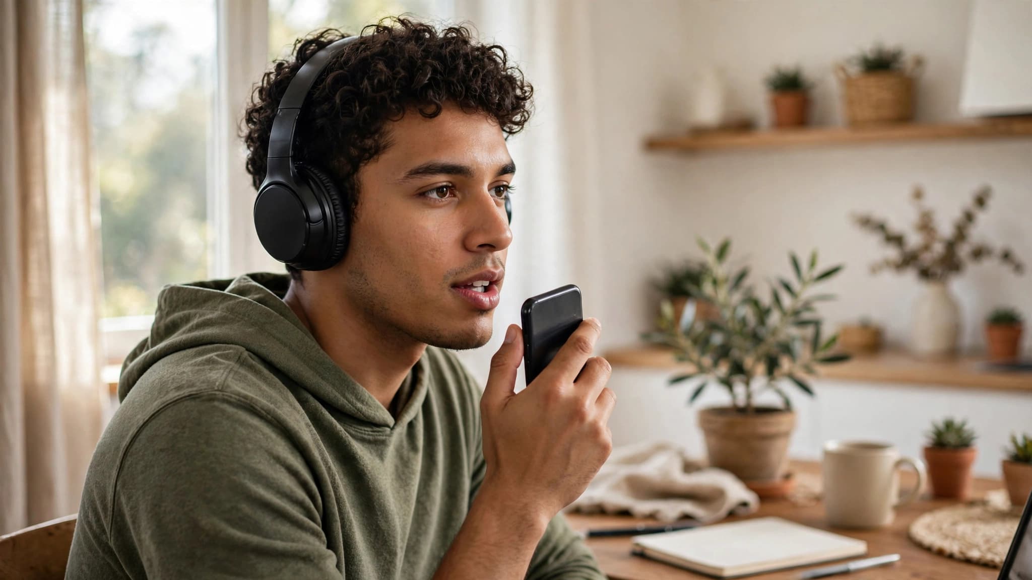 Joven latino practicando conversación en voz alta con su celular en casa, con auriculares y gesto concentrado