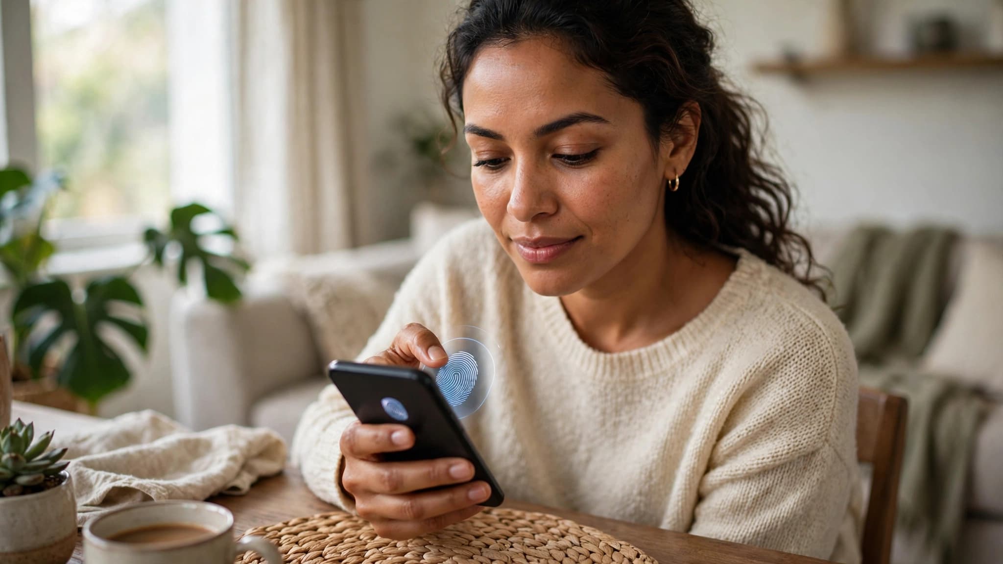 Mujer latina desbloqueando su aplicación bancaria con la huella en su celular desde su casa, con expresión tranquila