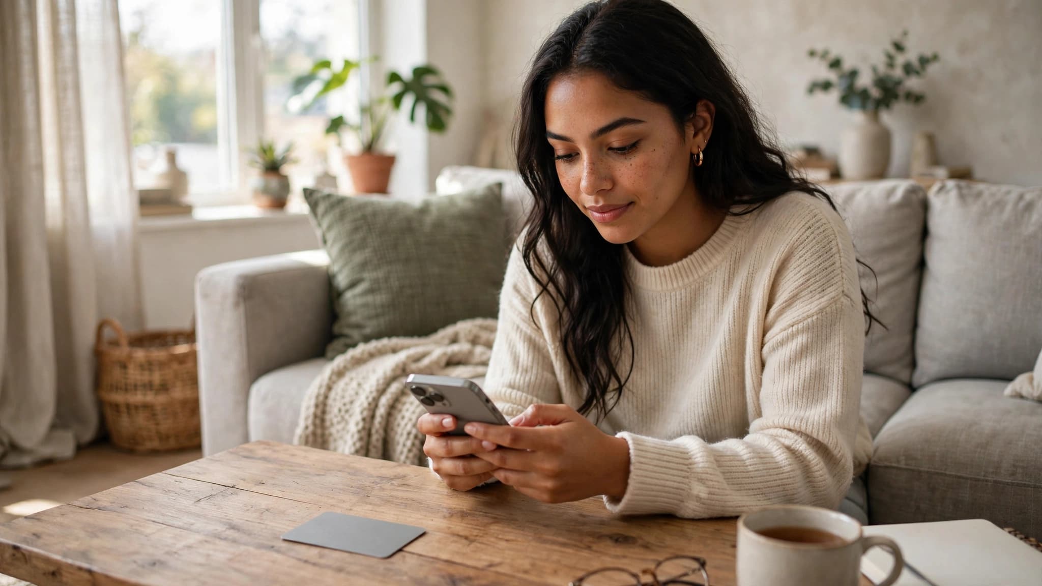 Joven latina abriendo una cuenta bancaria digital desde su celular en el sofá de su casa, con una tarjeta genérica sobre la mesa