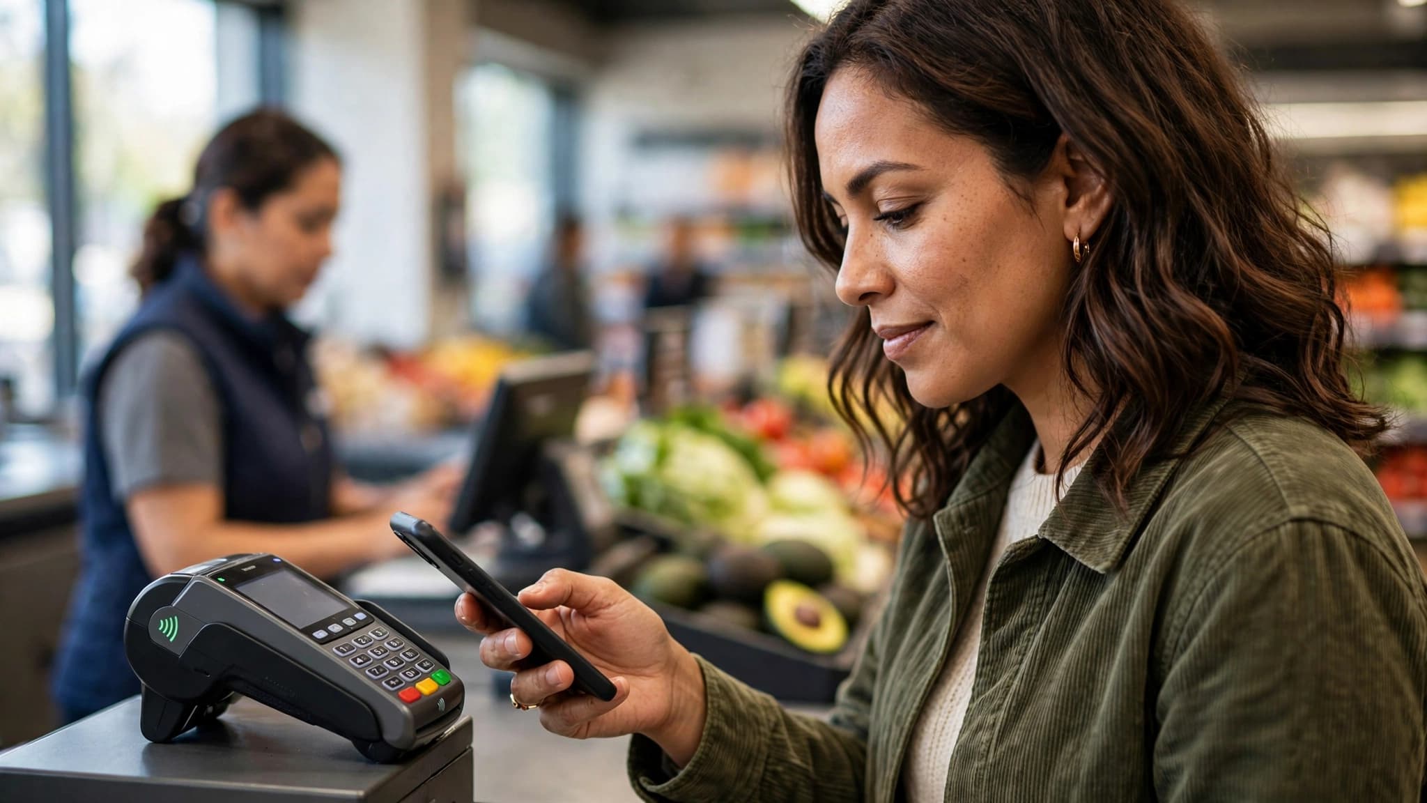 Mujer latina pagando con su billetera digital acercando el celular a la terminal de pago en la caja de un supermercado moderno