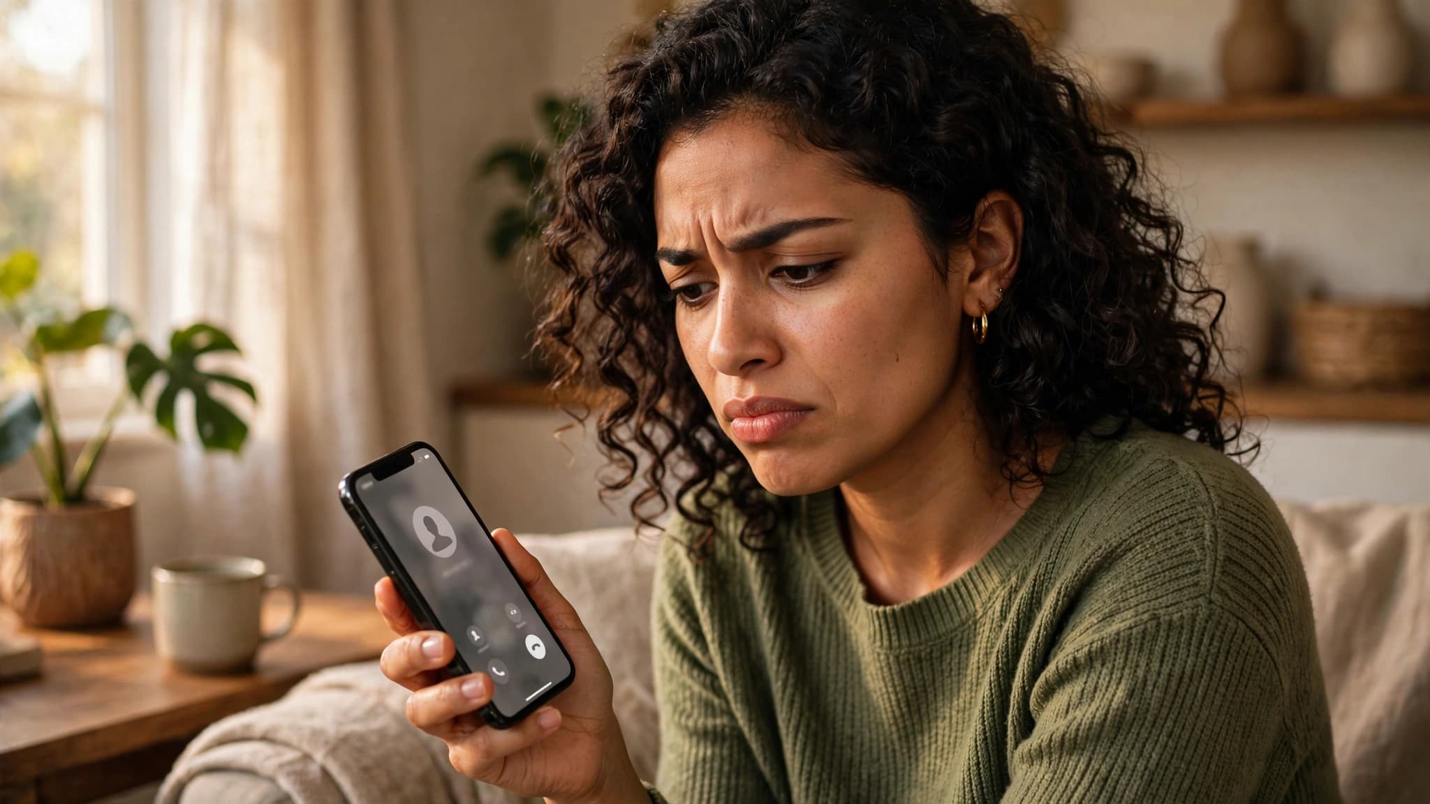 Persona latina mirando con fastidio una llamada entrante de un número desconocido en su celular, sentada en casa con luz cálida de tarde
