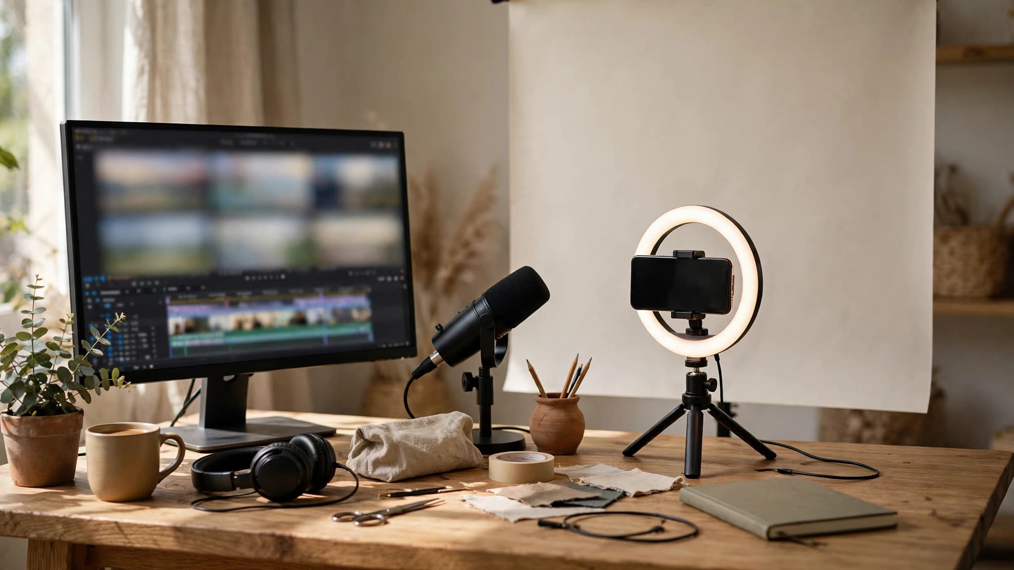 Mesa de trabajo de un creador de videos sin salir en cámara, con monitor de edición, micrófono y celular en trípode con aro de luz