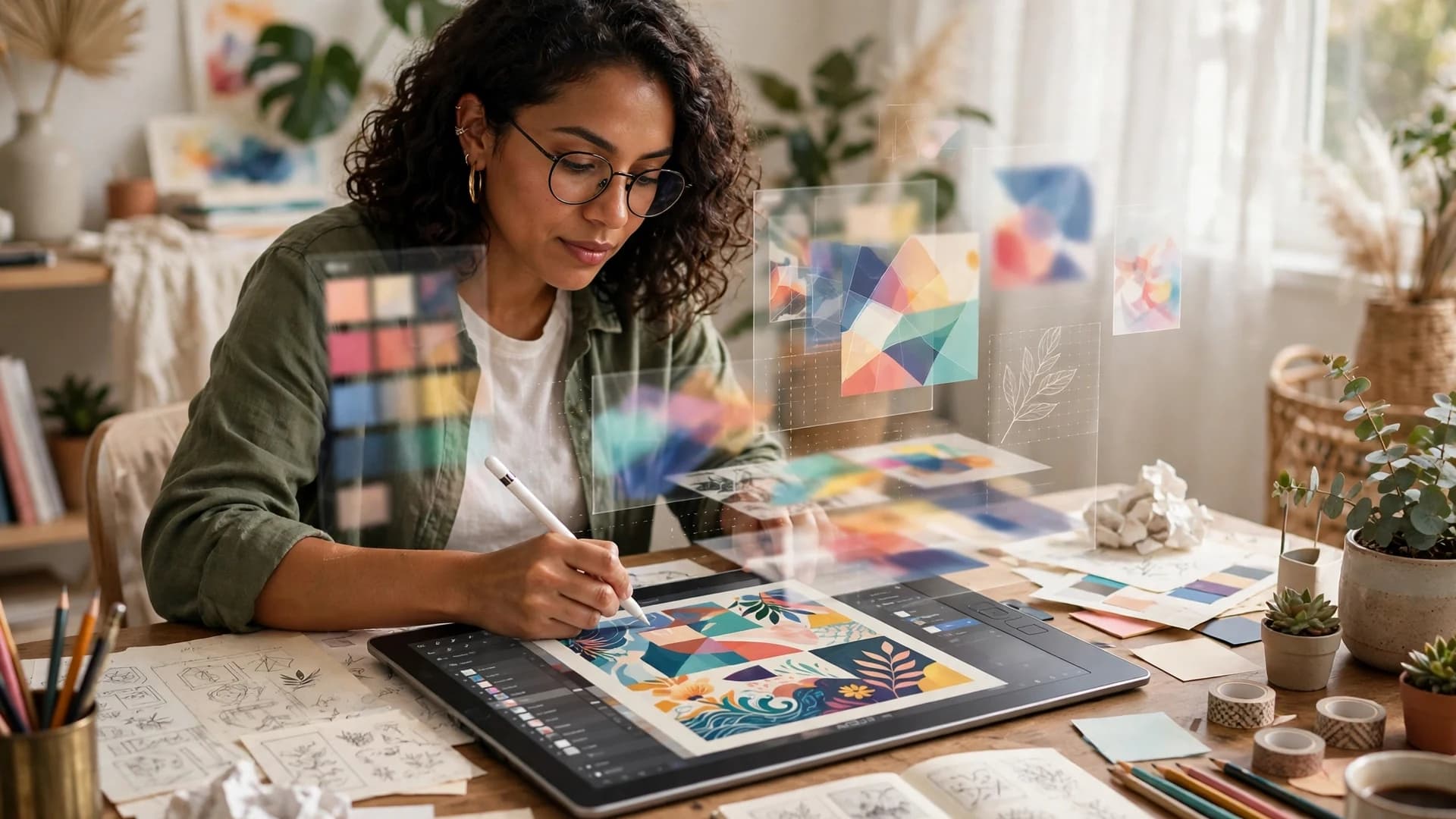 Diseñadora latina creando un cartel colorido en una tableta con capas de diseño flotando sobre su escritorio creativo en un estudio luminoso
