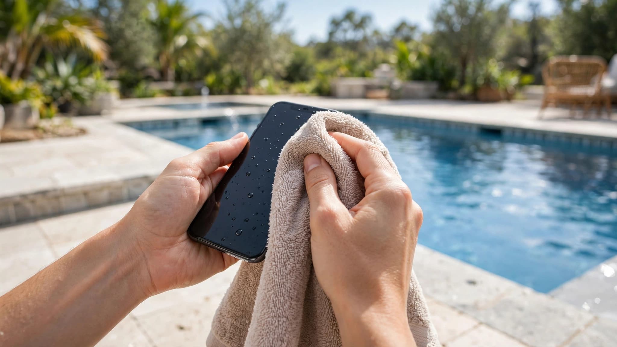 Manos secando con cuidado un celular con una toalla junto a una piscina en ambiente luminoso