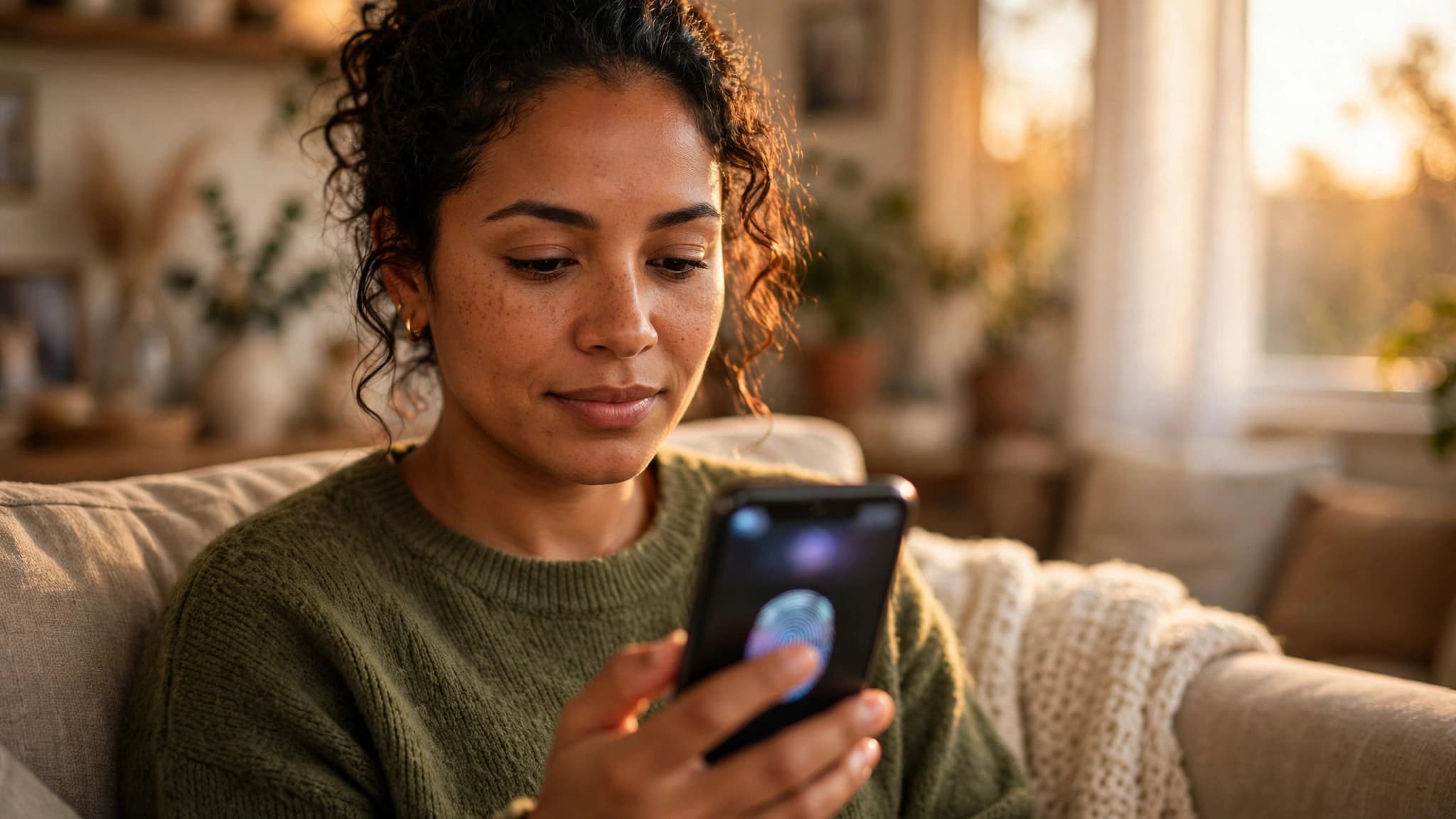 Mujer latina desbloqueando su celular con la huella en el sofá de su casa al atardecer