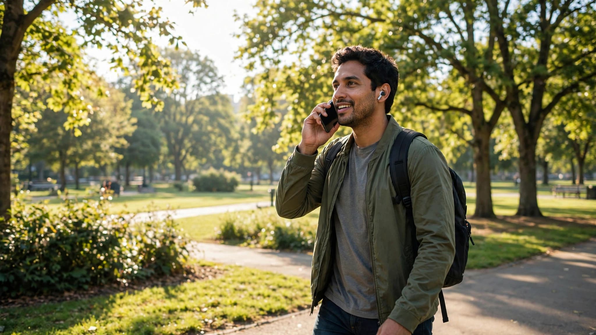 Hombre latino caminando en un parque hablando con su celular usando audífonos inalámbricos, en una mañana soleada