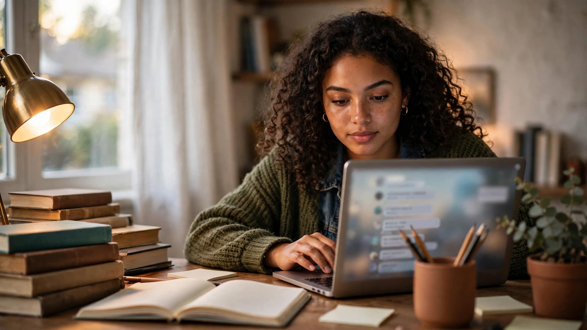 Estudiante latina estudiando con ChatGPT en su laptop, rodeada de libros y cuadernos en su escritorio