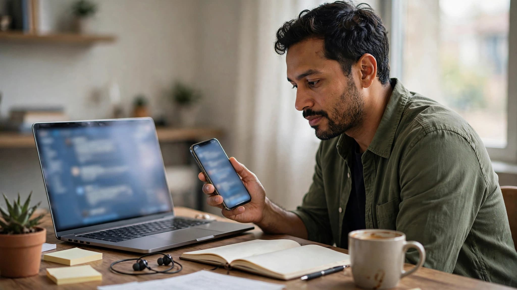 Hombre latino en su escritorio comparando dos conversaciones de inteligencia artificial entre una laptop y un celular, con las pantallas difuminadas
