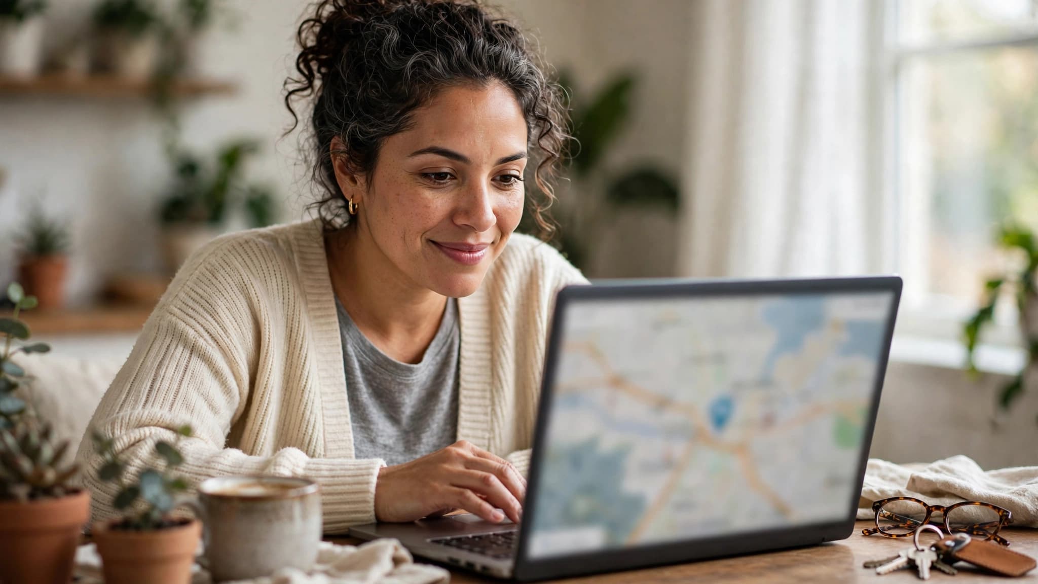 Mujer latina aliviada localizando su celular desde una laptop con un mapa difuminado en pantalla