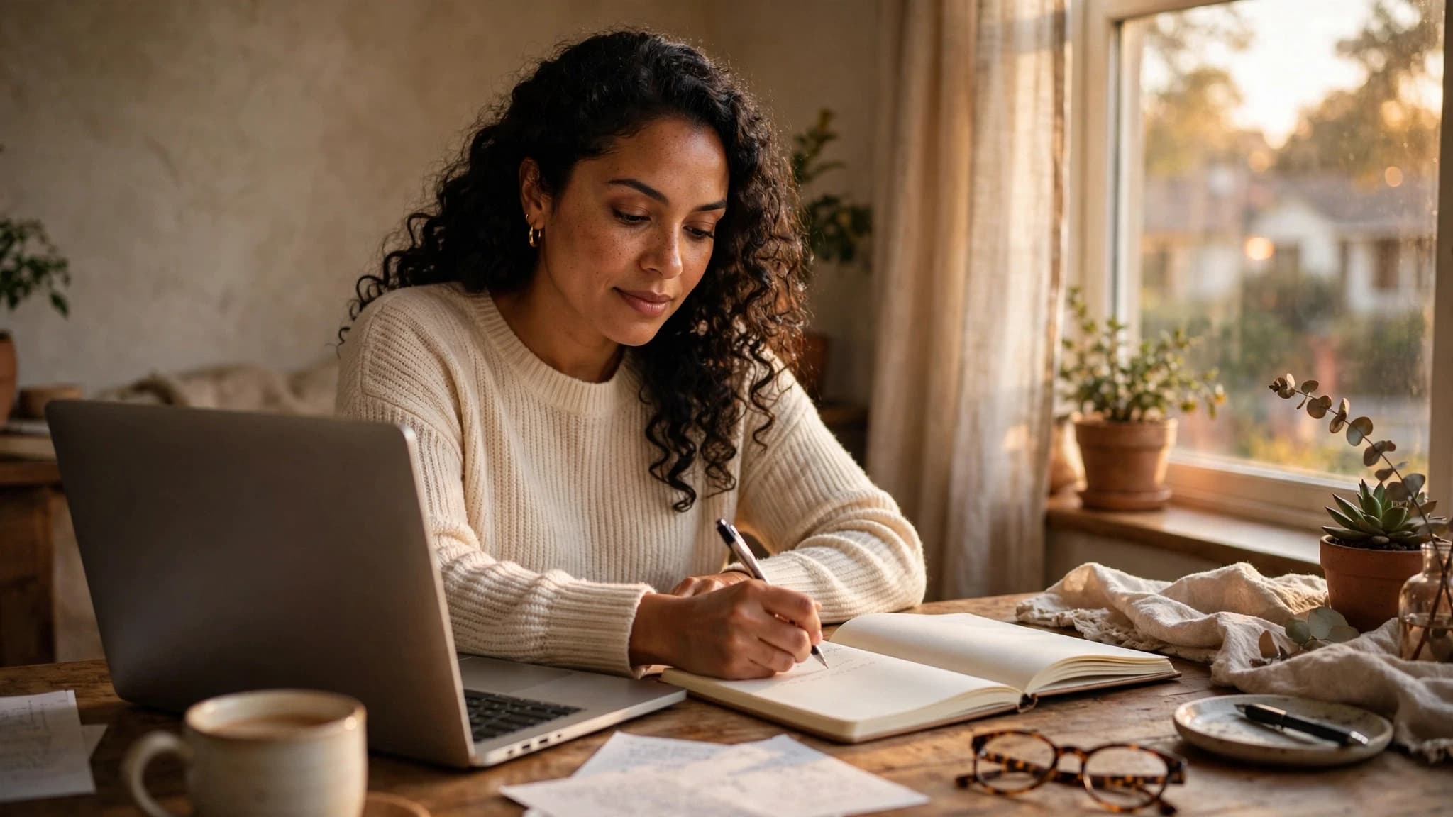 Persona latina escribiendo un artículo en su laptop junto a una libreta de notas en casa, con luz de tarde