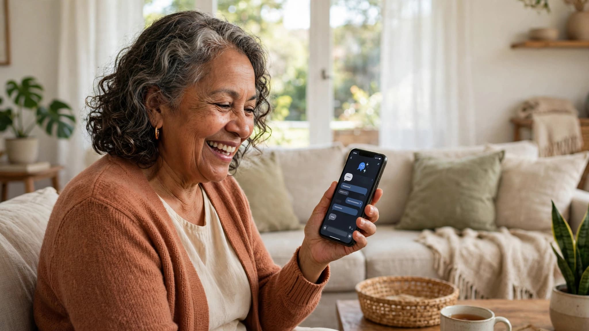 Mujer mayor latina sonriendo mientras conversa con un asistente de inteligencia artificial en su celular, en la sala luminosa de su casa