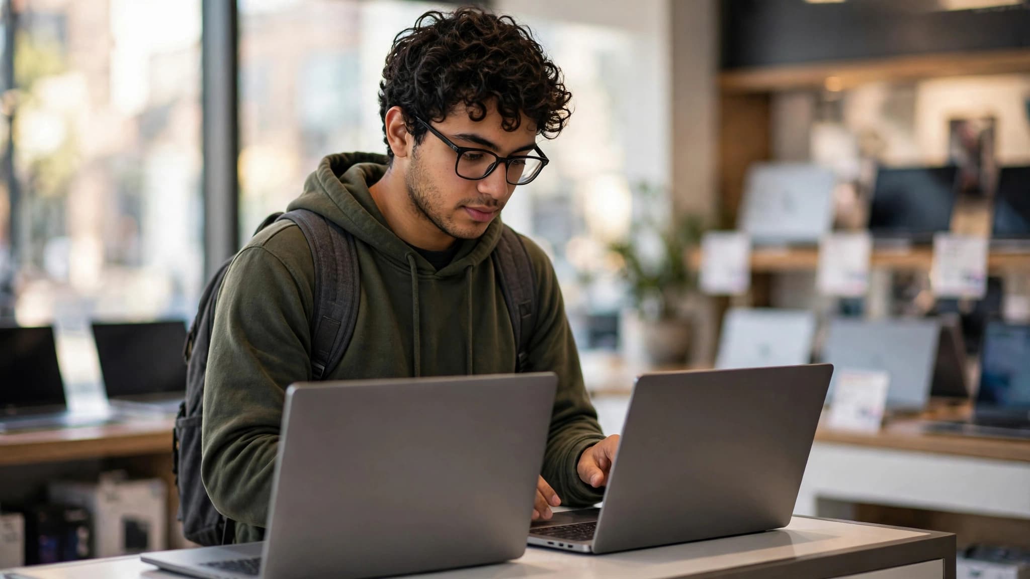 Estudiante latino comparando laptops en una tienda de electrónica, con las etiquetas difuminadas