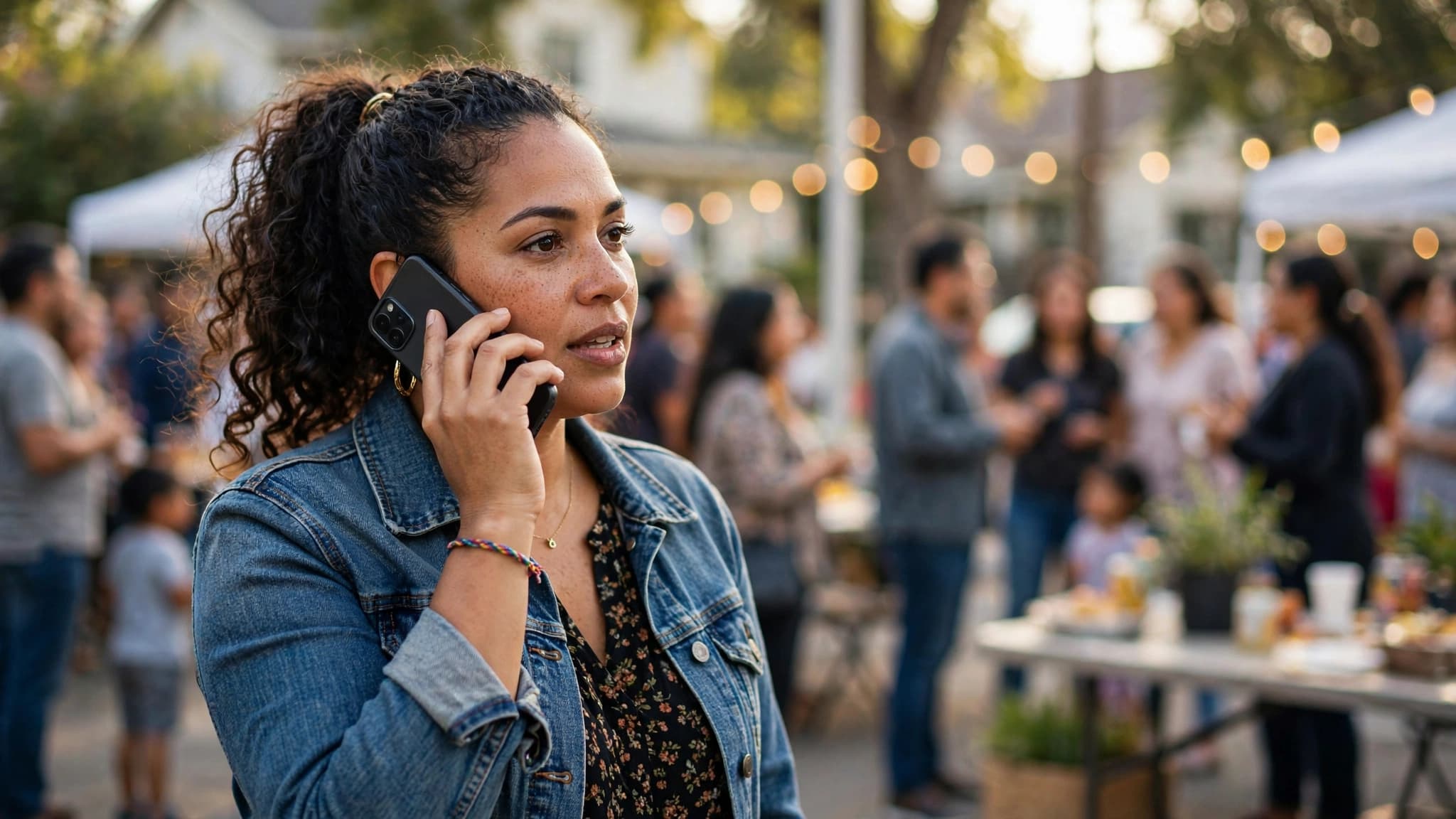 Líder comunitaria latina coordinando con su celular un evento del barrio mientras los vecinos conversan difuminados al fondo de la imagen