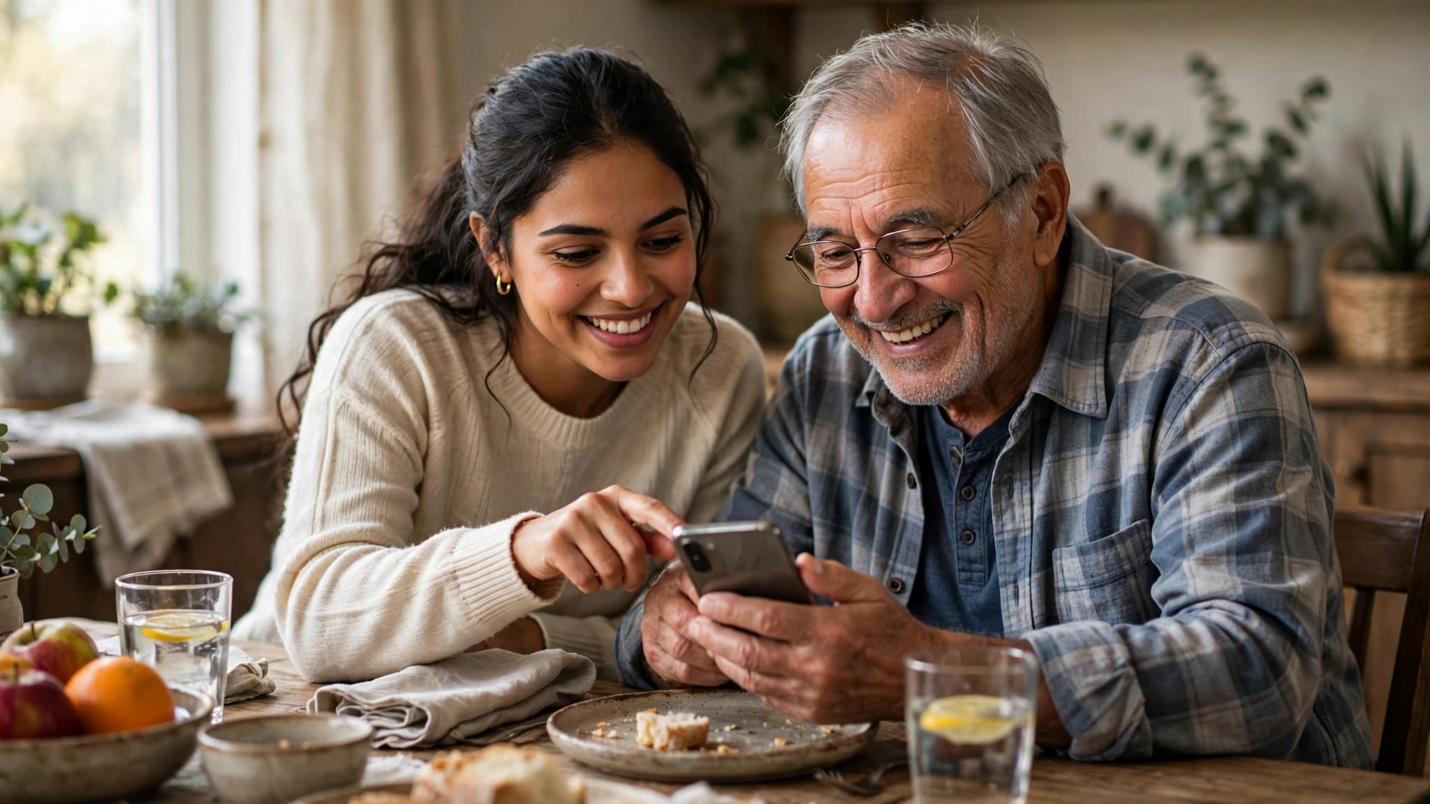 Nieta latina ayudando con cariño a su abuelo a usar un celular en la mesa del comedor, ambos sonriendo