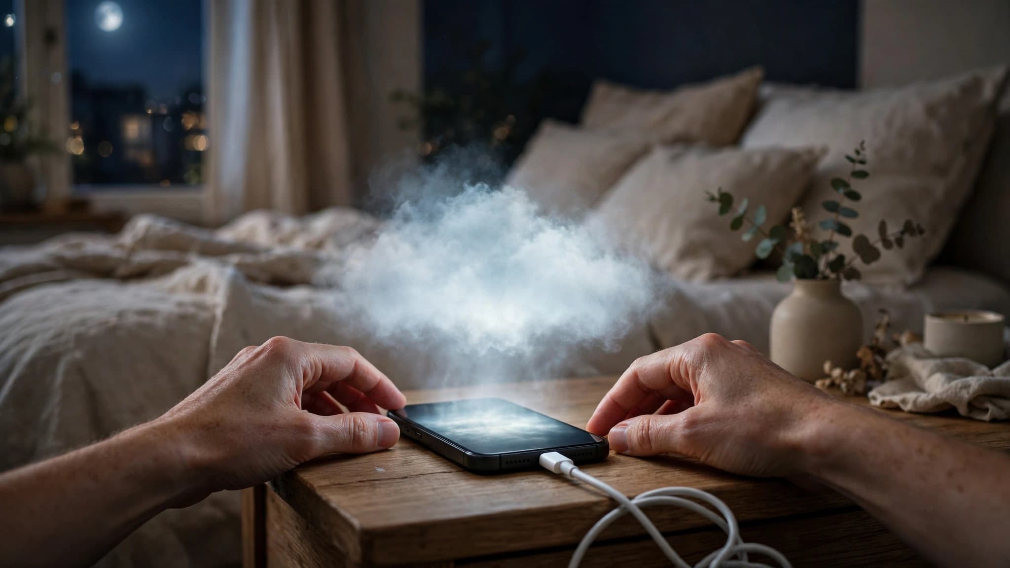 Persona dejando su celular cargando sobre la mesa de noche mientras la copia de seguridad de WhatsApp sube a la nube durante la madrugada