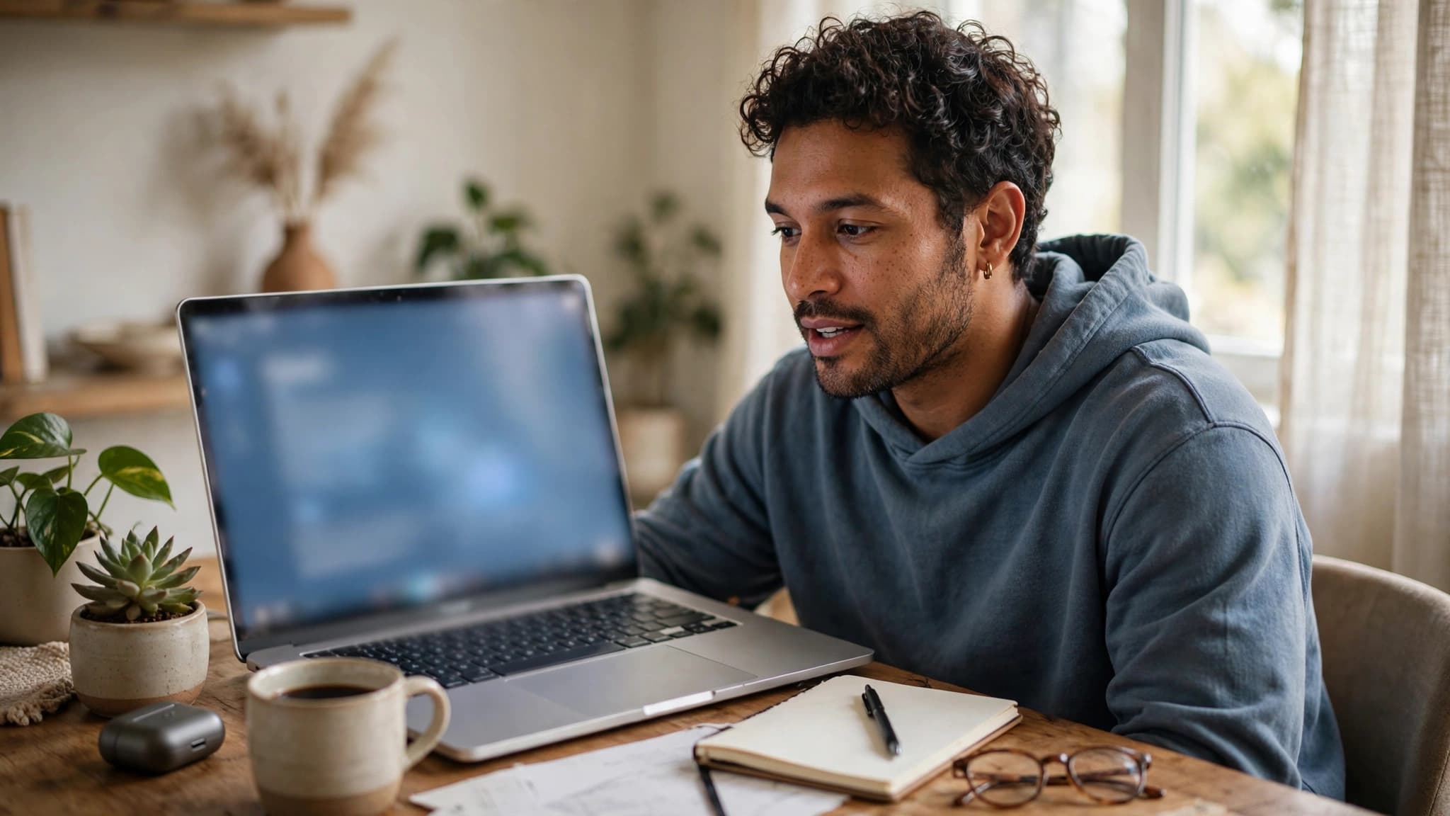 Hombre latino usando el asistente de su laptop en un escritorio casero, con la pantalla difuminada