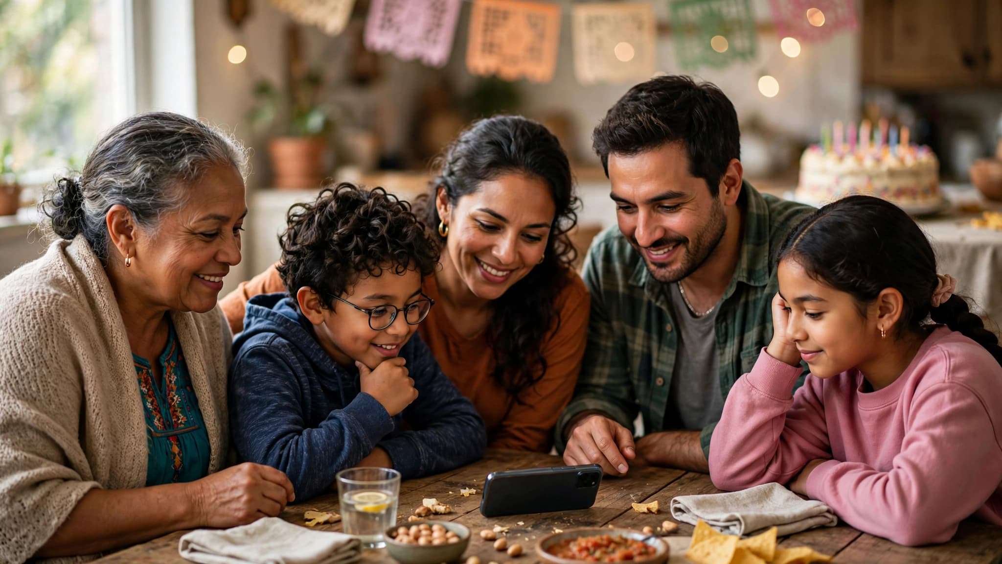 Familia latina escuchando una canción desde un celular sobre la mesa en un cumpleaños casero, con un pastel difuminado al fondo
