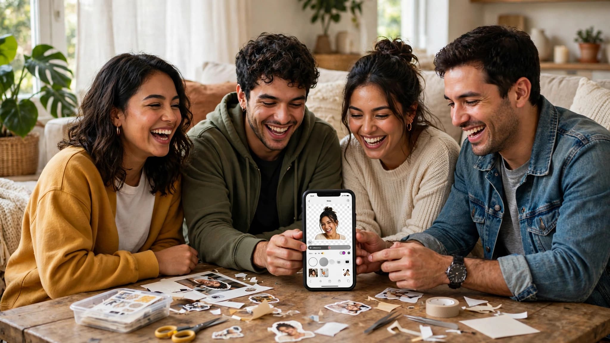 Grupo de amigos latinos riéndose en una sala mientras crean un sticker de WhatsApp desde una foto divertida en un celular compartido
