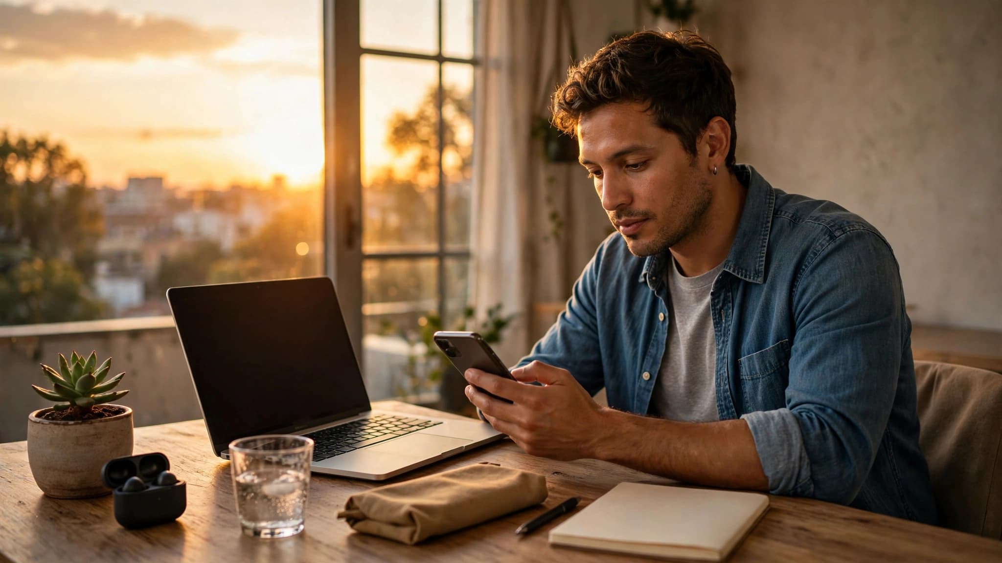 Freelancer latino revisando su laptop y su celular en un escritorio al atardecer, con una ventana al fondo