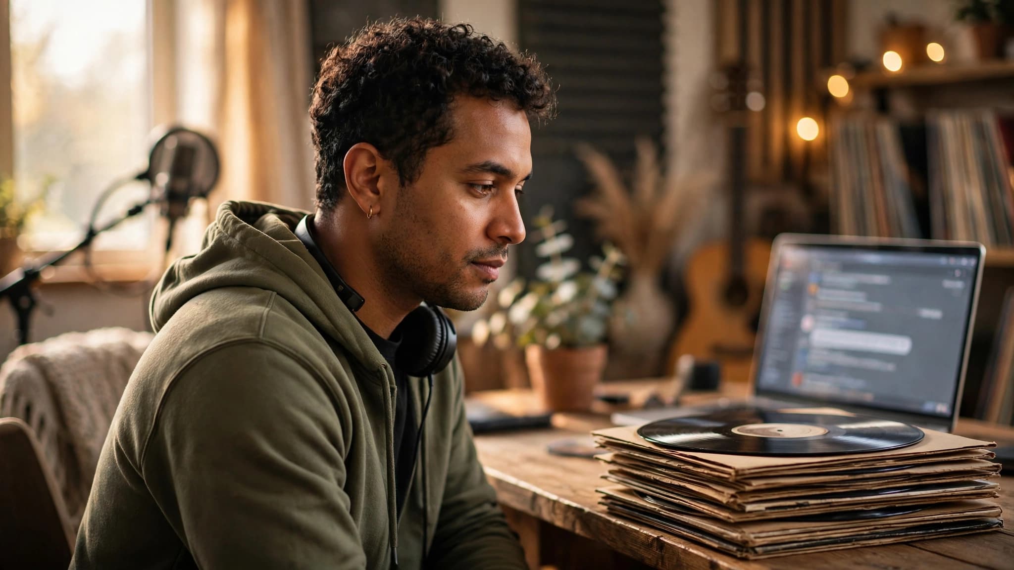 Cantante latino en un estudio casero mirando una pila de discos de vinilo junto a una laptop con un chat difuminado
