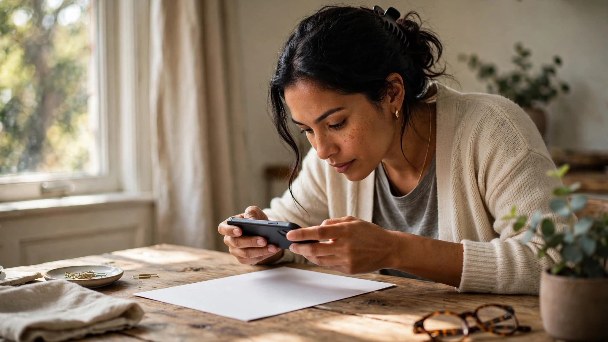 Persona latina escaneando una hoja de papel con su celular sobre una mesa con luz de ventana