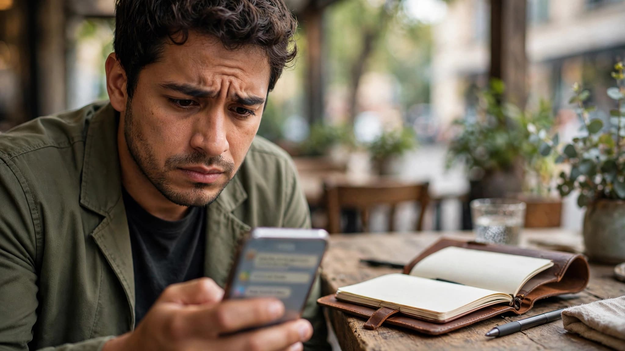 Hombre latino mirando con preocupación los mensajes de su celular junto a una libreta, en un ambiente serio y realista
