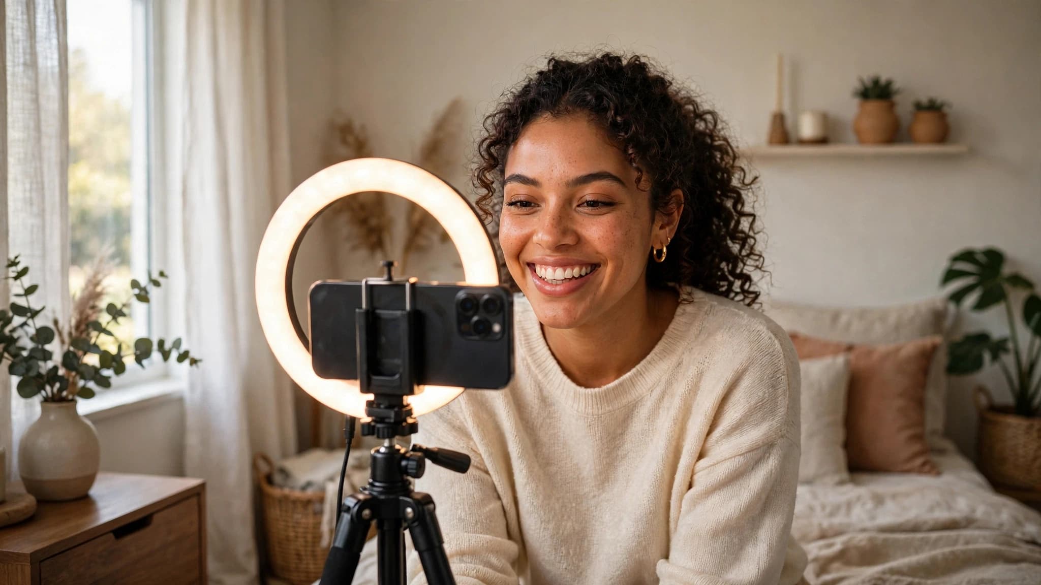 Creadora latina grabando un video corto con su celular montado en un trípode y un aro de luz en su habitación