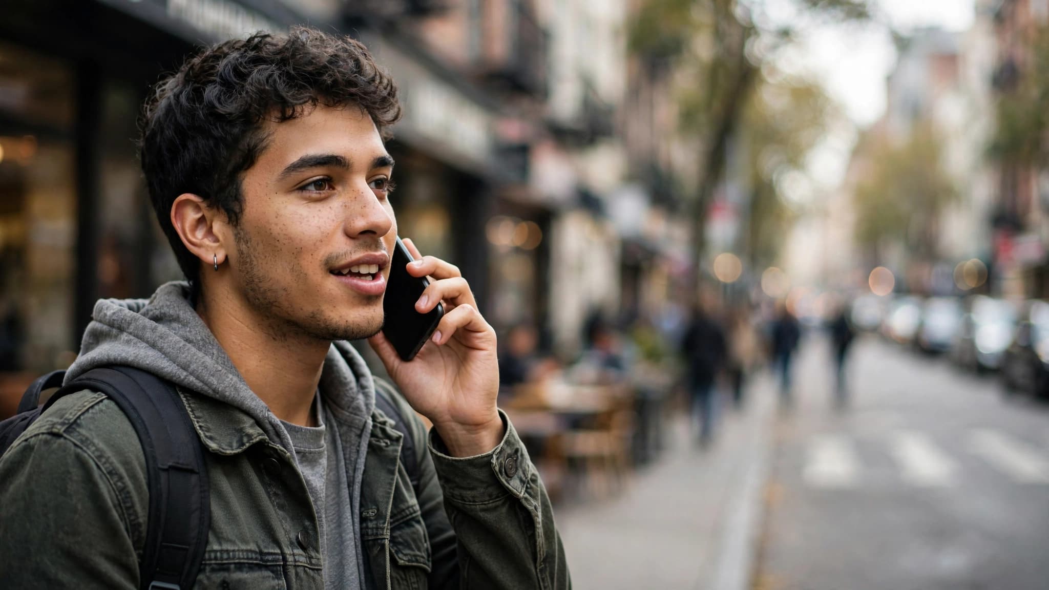 Joven latino hablando con su celular Android en una calle de ciudad difuminada